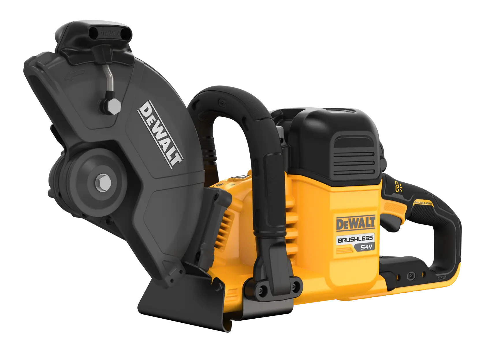 A DEWALT 54V brushless cordless cut-off saw with a yellow and black body, featuring a large protective blade guard and ergonomic handles.