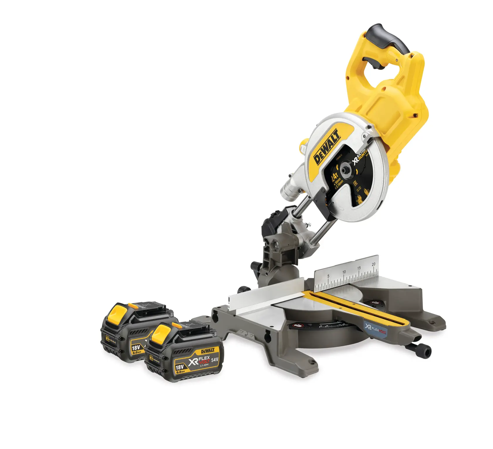 A DEWALT cordless miter saw with a yellow and black design, accompanied by two XR FLEXVOLT 18V 5.4Ah lithium-ion batteries placed nearby.