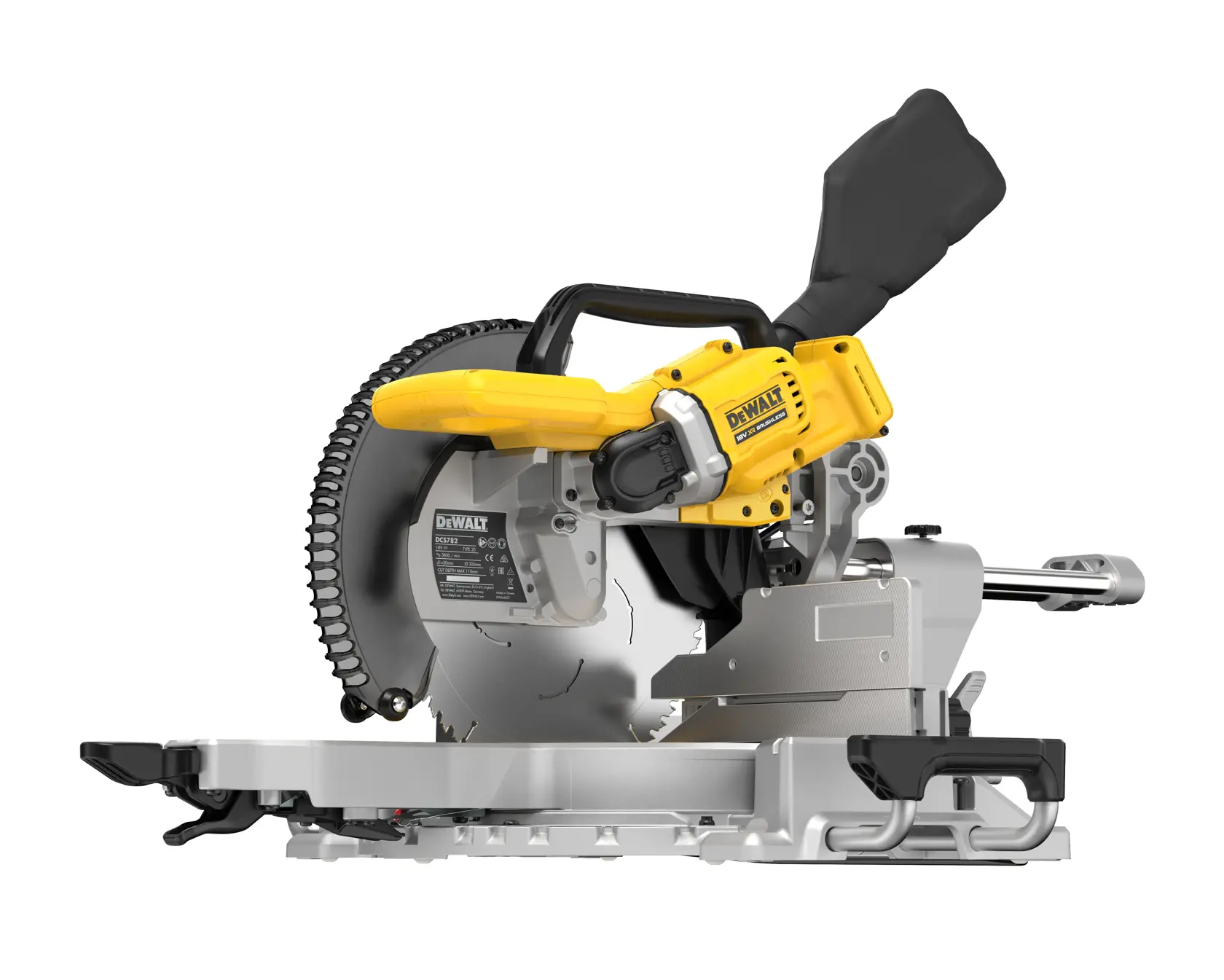 A DEWALT branded miter saw model DCS782N with a yellow and black design, placed on a white background. The saw features a large circular blade and an ergonomic handle.