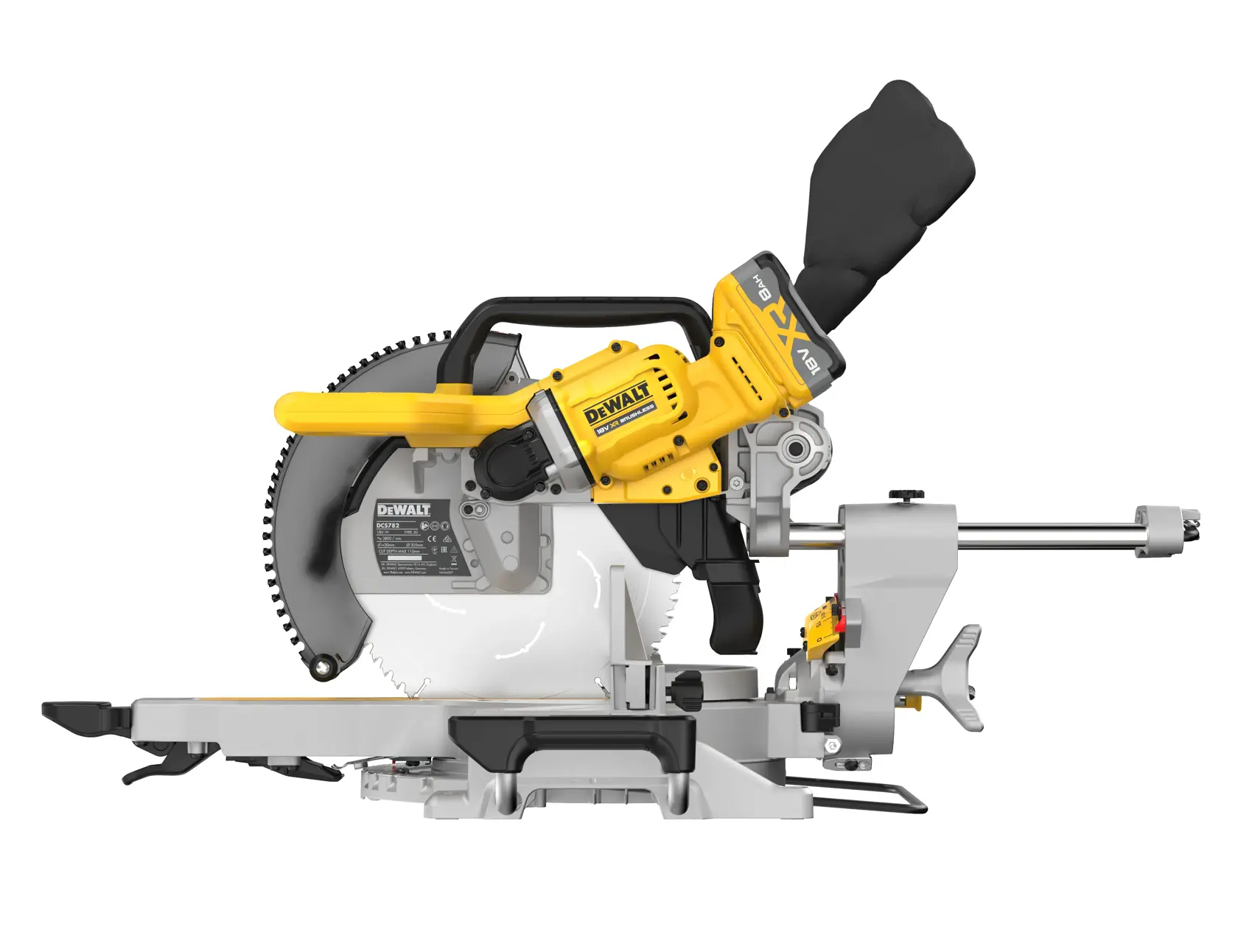 A DEWALT DCS782XW2 cordless sliding compound miter saw with a yellow and black design, featuring a dust bag and robust metal base.