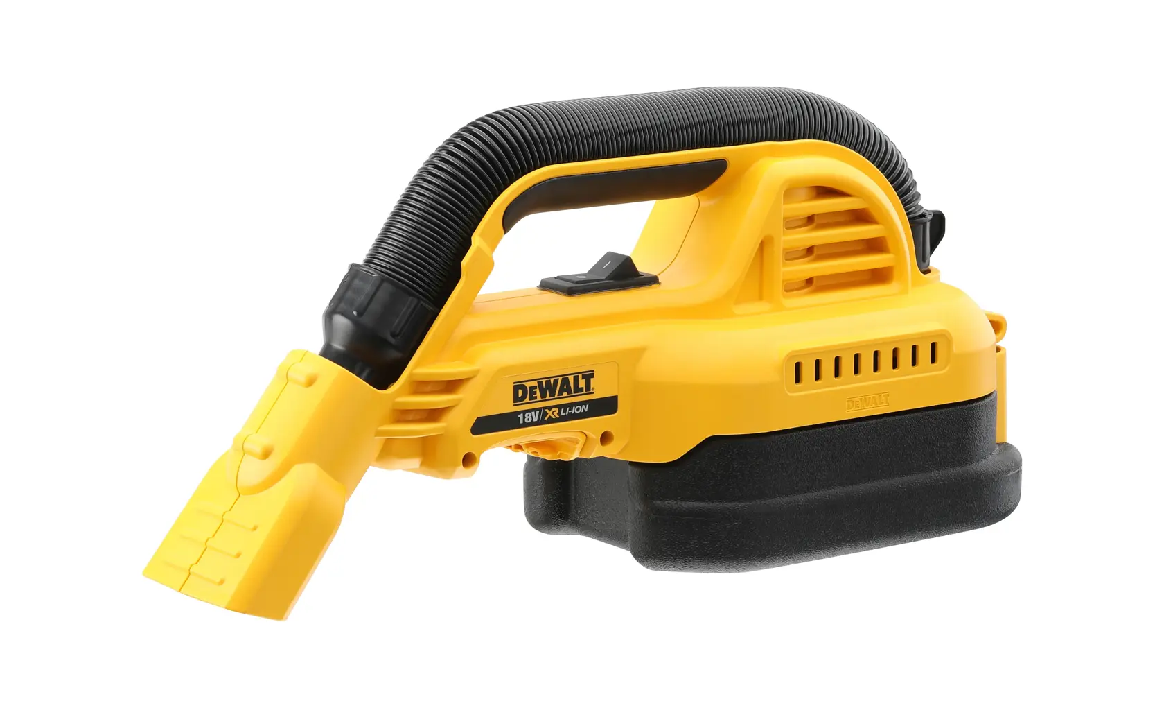 A yellow DEWALT handheld cordless vacuum cleaner with a flexible hose and nozzle attachment, model DCV517N, designed for portable cleaning tasks.