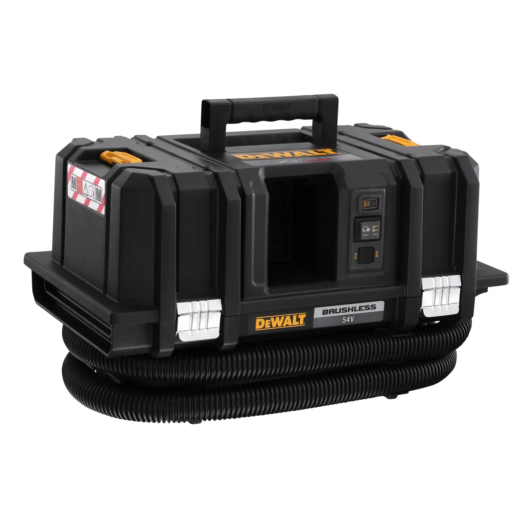 DEWALT 54V brushless portable jobsite dust extractor in black with yellow accents, featuring a handle on top, control panel, and a coiled hose attached at the base.