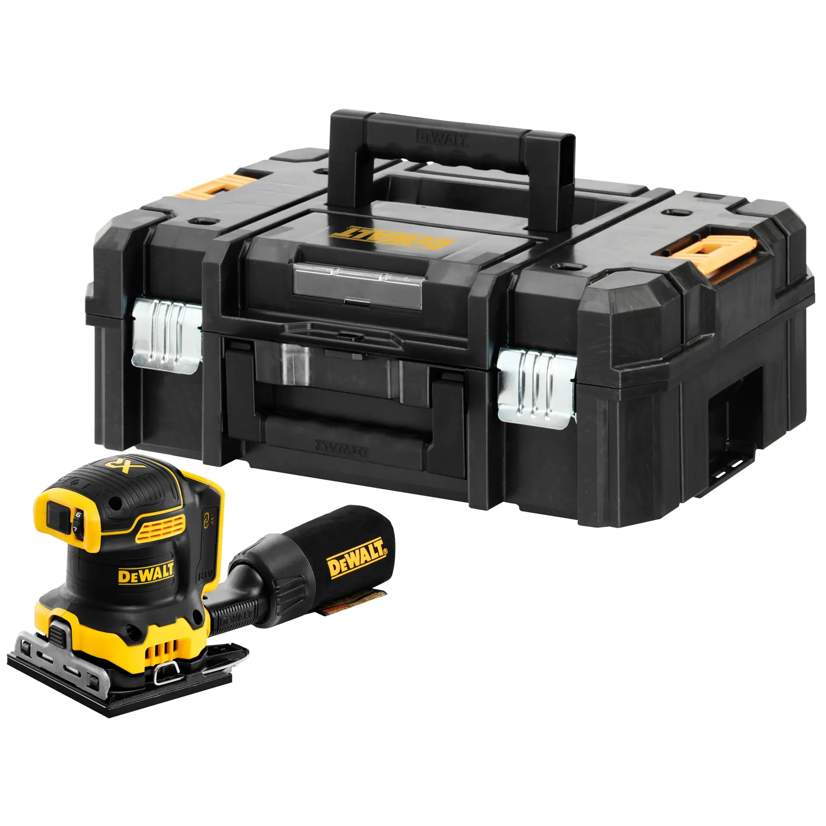 A DEWALT cordless palm sander and a sturdy black plastic carrying case with a handle and metal latches. The sander is compact, with a yellow and black design, and has the DEWALT logo on both the sander and the dust collection attachment.