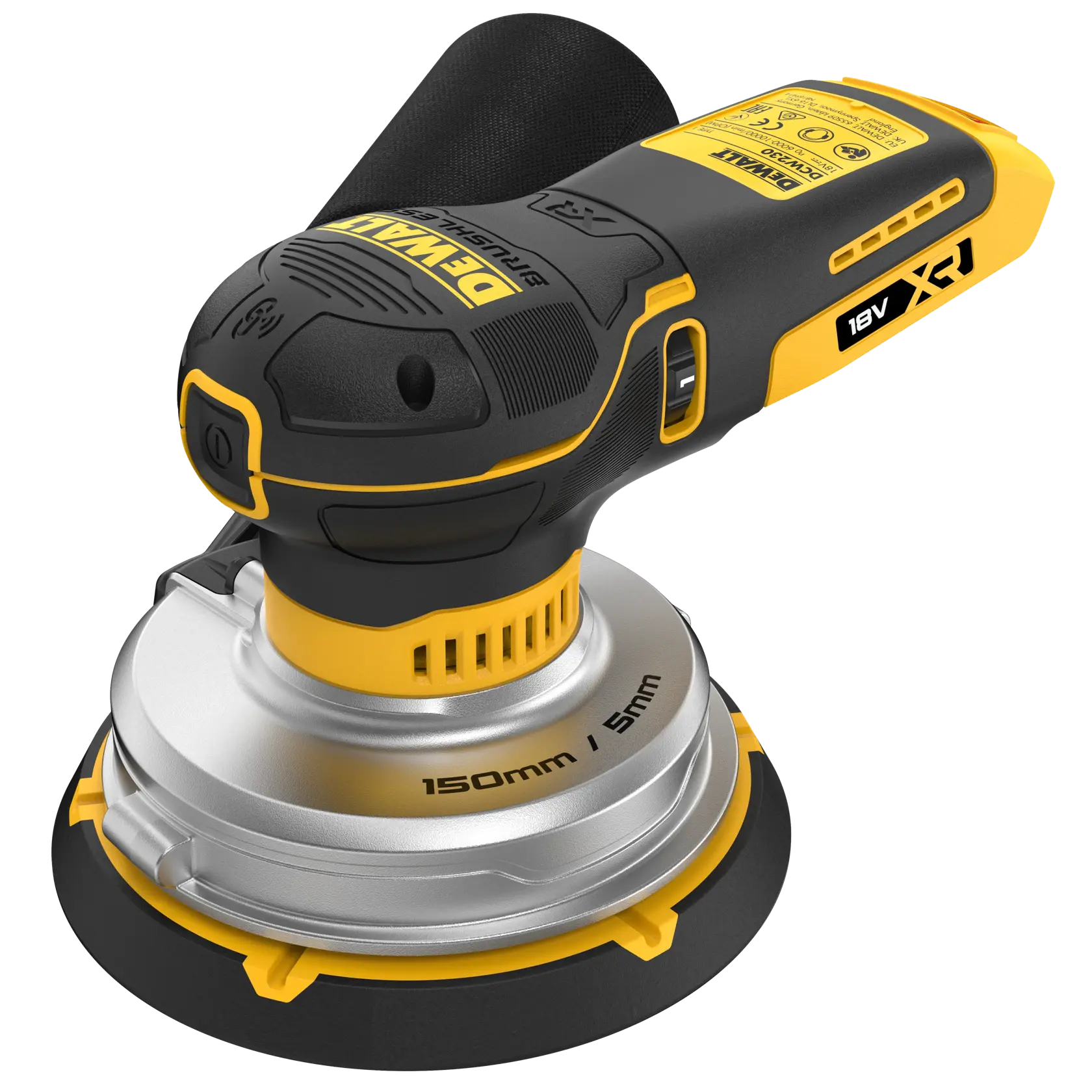 DEWALT cordless random orbital sander, 18V XR, 150mm pad, black and yellow design, shown at an angle.