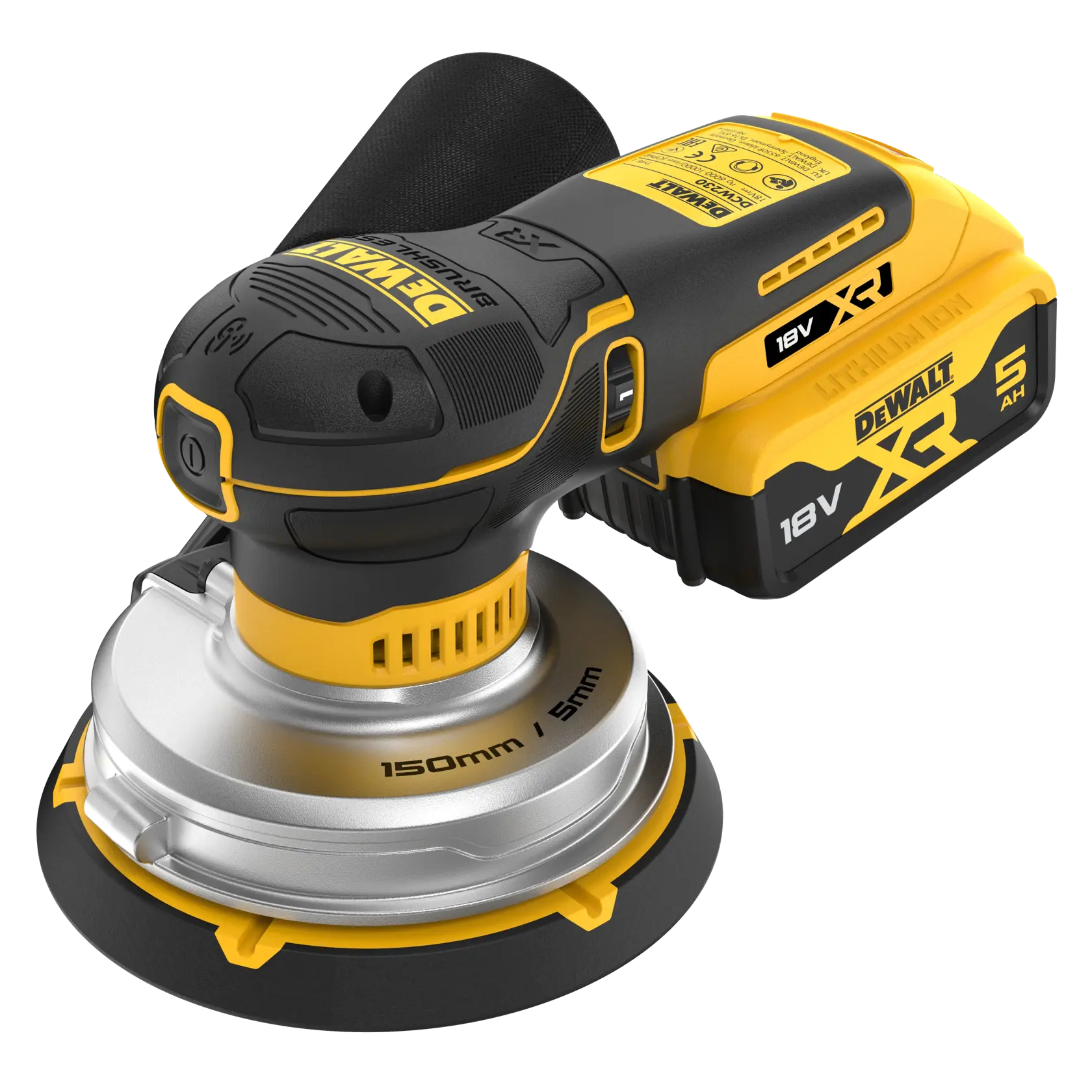Cordless DEWALT 18V XR sander with 150mm pad and dust bag, shown in yellow and black close-up.