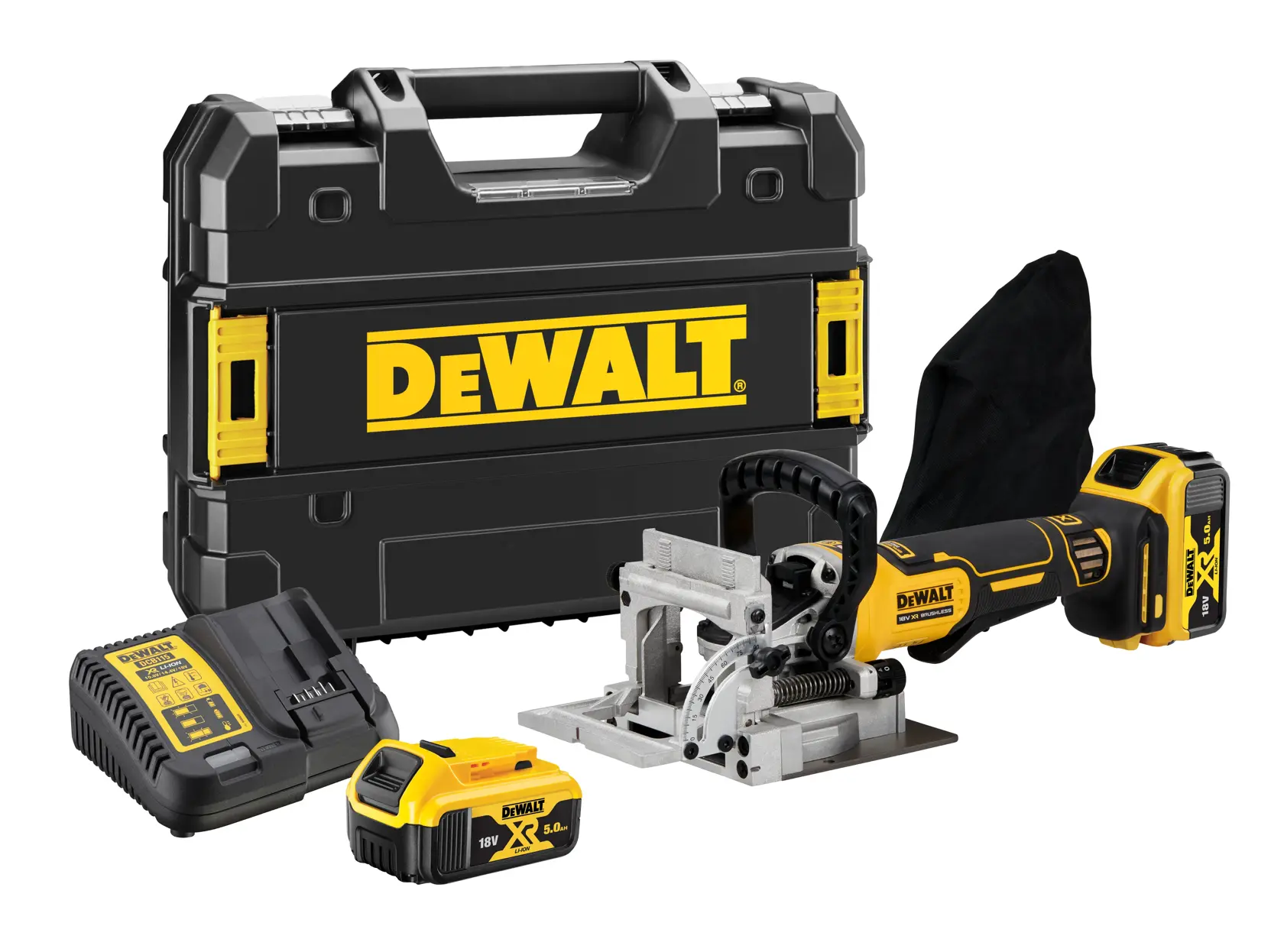 A kit shot of the 18V XR Biscuit Jointer showing the tool, 2 18V XR Batteries, charger and TSTAK compatible kit box
