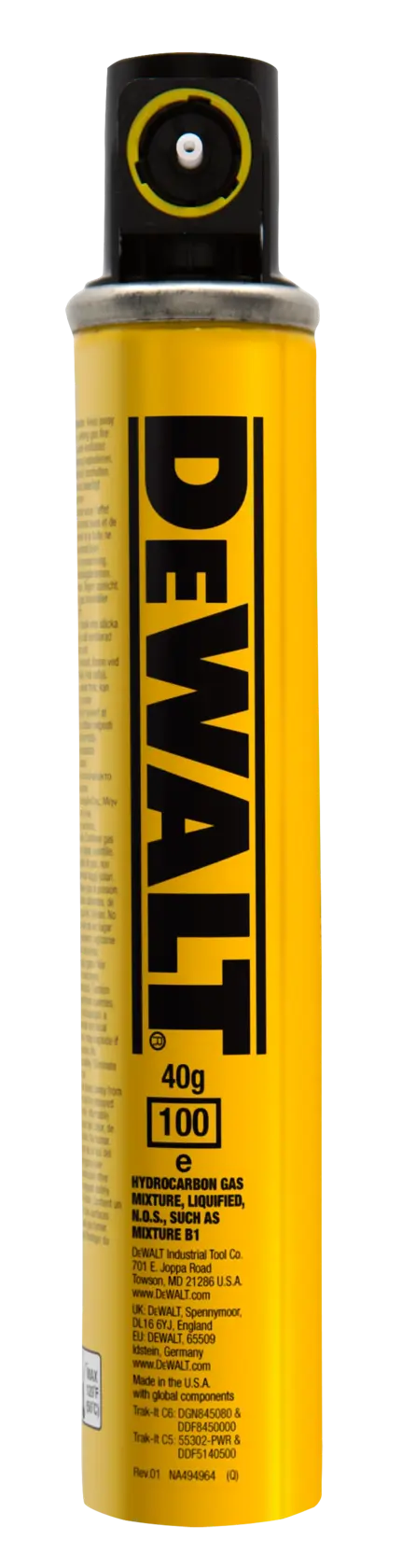 Yellow DEWALT spray can with black cap, 40g size and product label visible on front.
