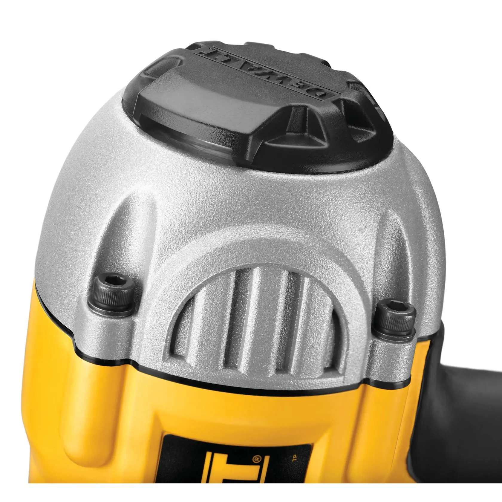 Close-up of a DEWALT nailer tool top, showing its durable metallic and black design.