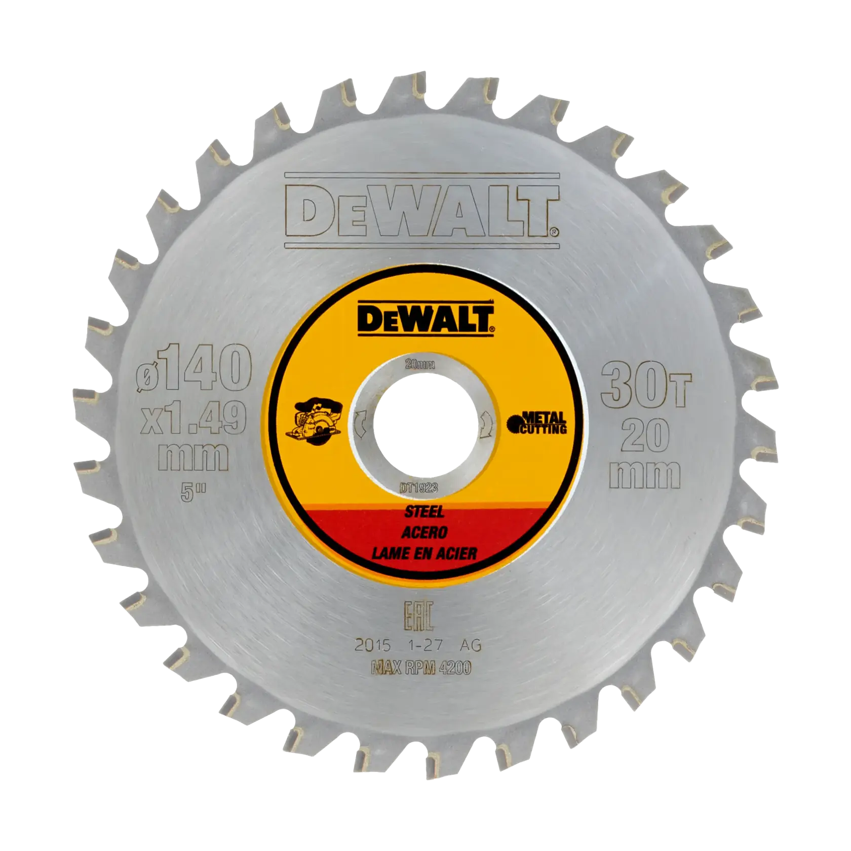 DEWALT circular saw blade, model DT1923, with 30 teeth, 140 mm diameter, and 20 mm arbor hole, designed for cutting steel. The blade has a silver color with a yellow and red center label displaying specifications.
