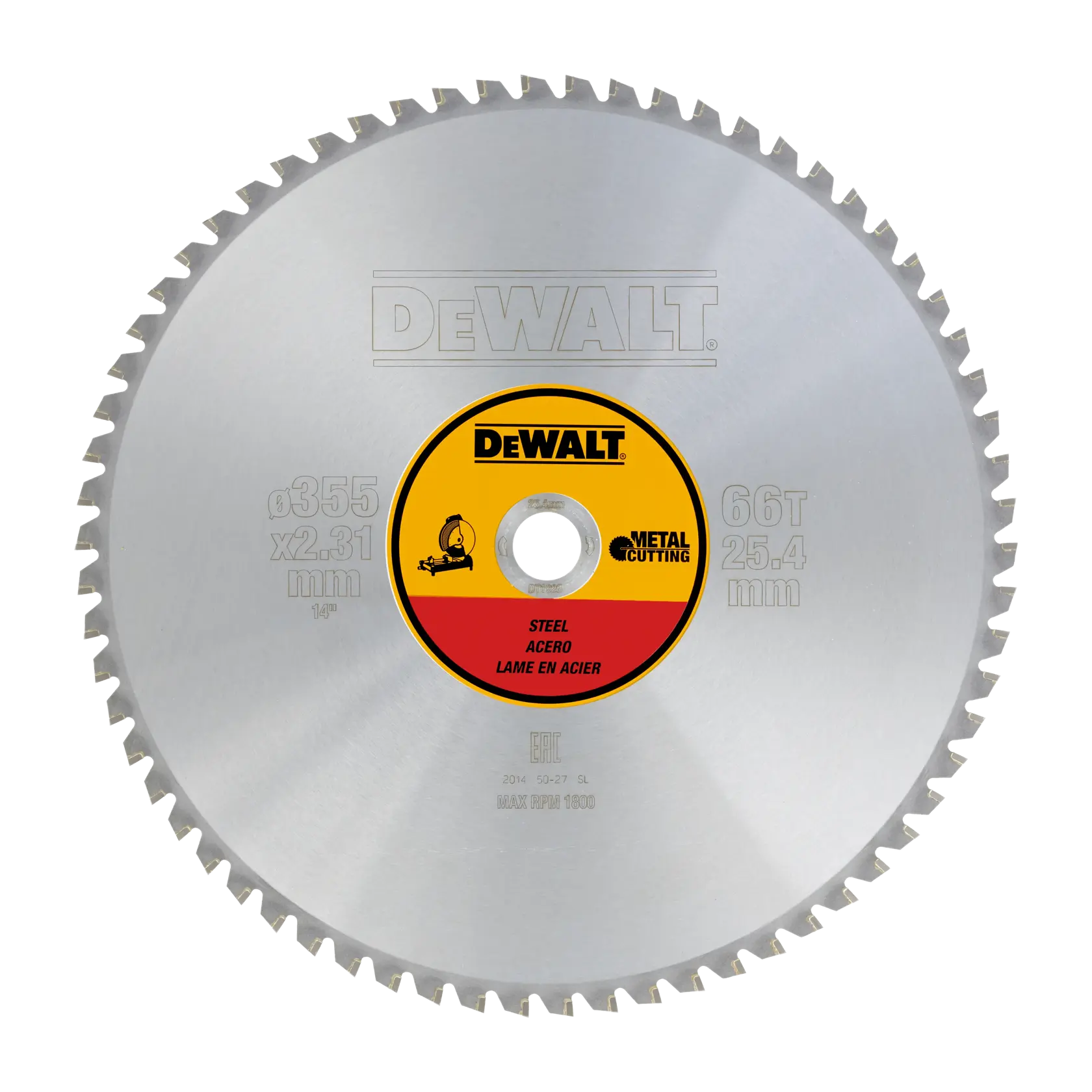 DEWALT DT1926 metal cutting circular saw blade for steel with 66 teeth, 355 mm diameter, and 25.4 mm arbor hole. The blade features a silver finish and a central label with yellow and red colors detailing blade specifications.