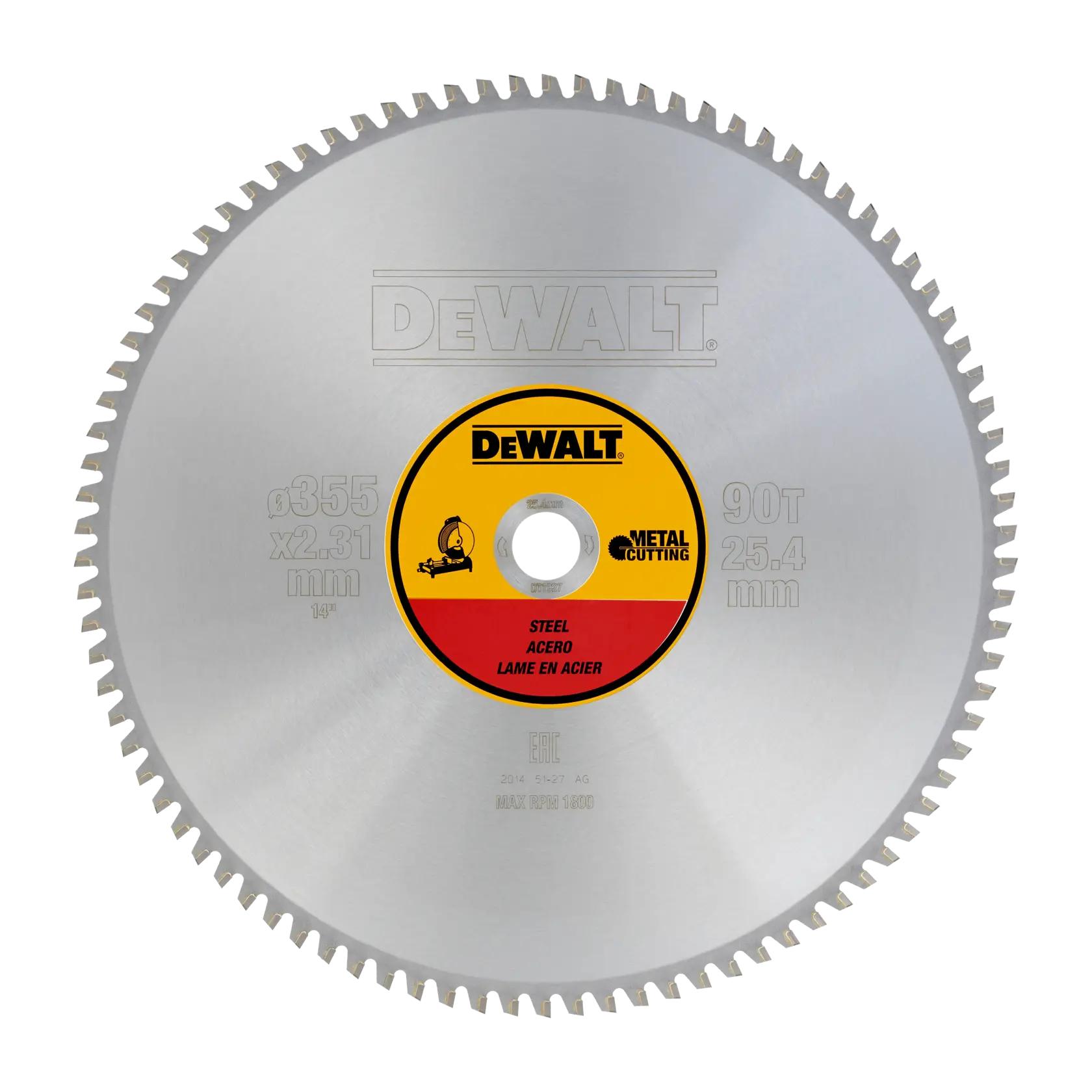 Circular saw blade for steel cutting by DEWALT, with 90 teeth, 355 mm diameter, and a central label indicating specifications.
