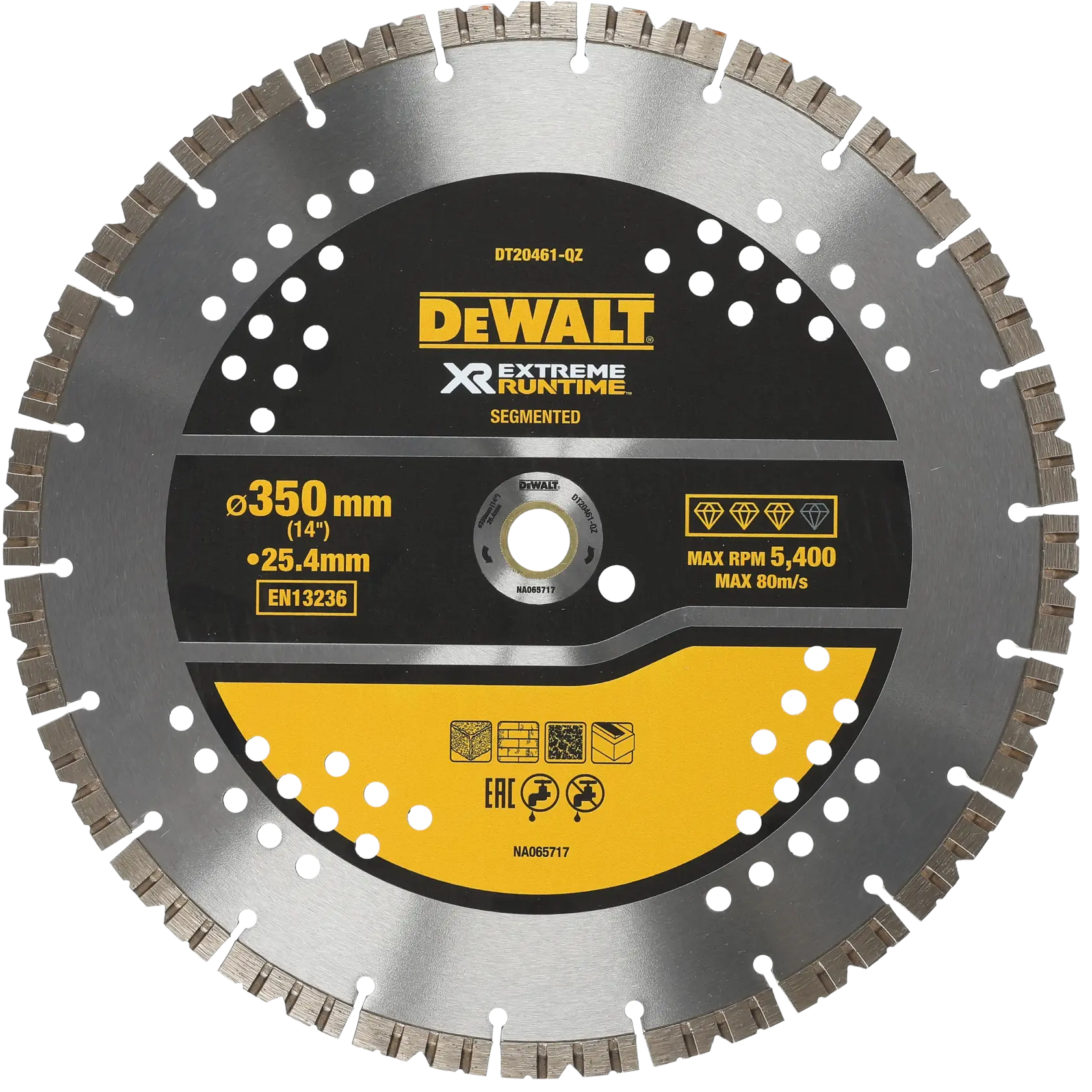 DEWALT segmented diamond cutting blade, model DT20461, XR Extreme Runtime, 350 mm diameter, 25.4 mm bore, for masonry and construction materials.
