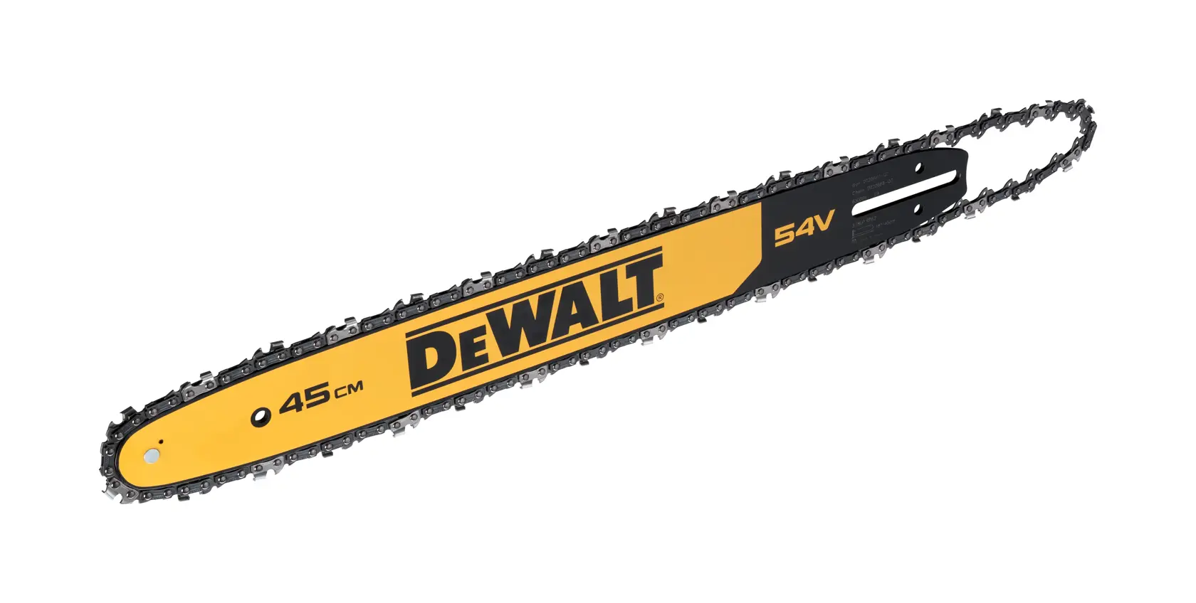 A DEWALT 45 cm chainsaw bar with chain, featuring yellow and black coloring and 54V marking.