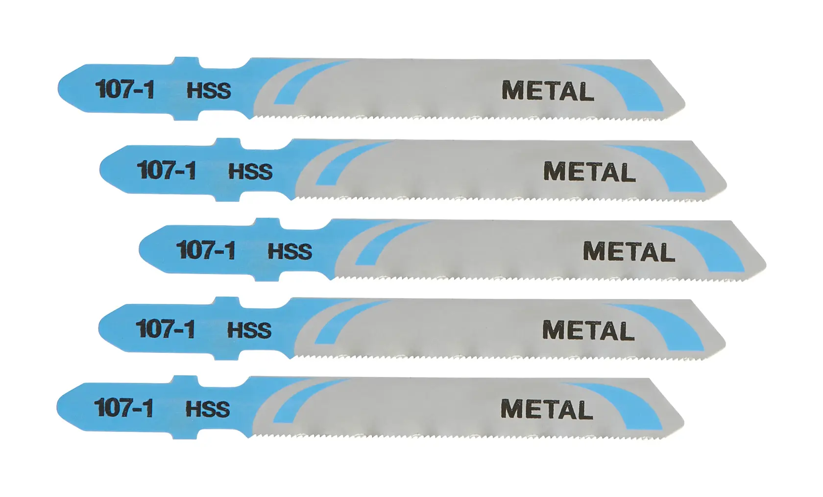 Cinco hojas de sierra DEWALT para metal, plateadas y azules, HSS 107-1 METAL, apiladas horizontalmente.