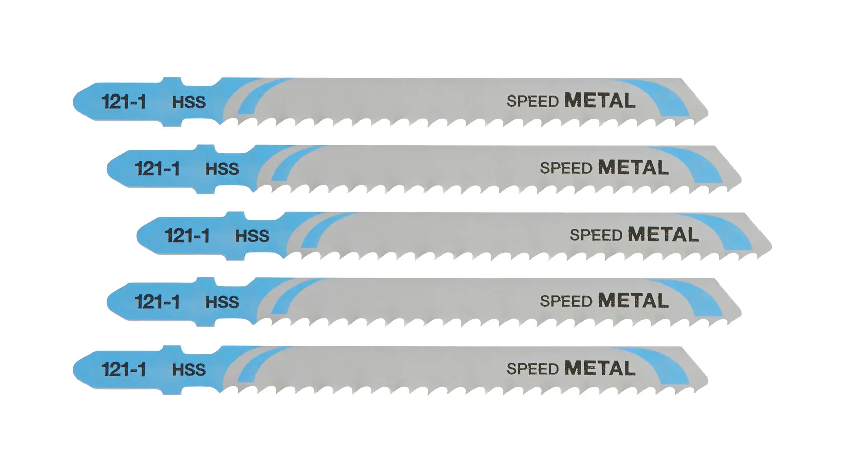 Cinco hojas de sierra de calar DEWALT DT2163 para metal, diseño azul y plata, marcadas HSS y SPEED METAL.
