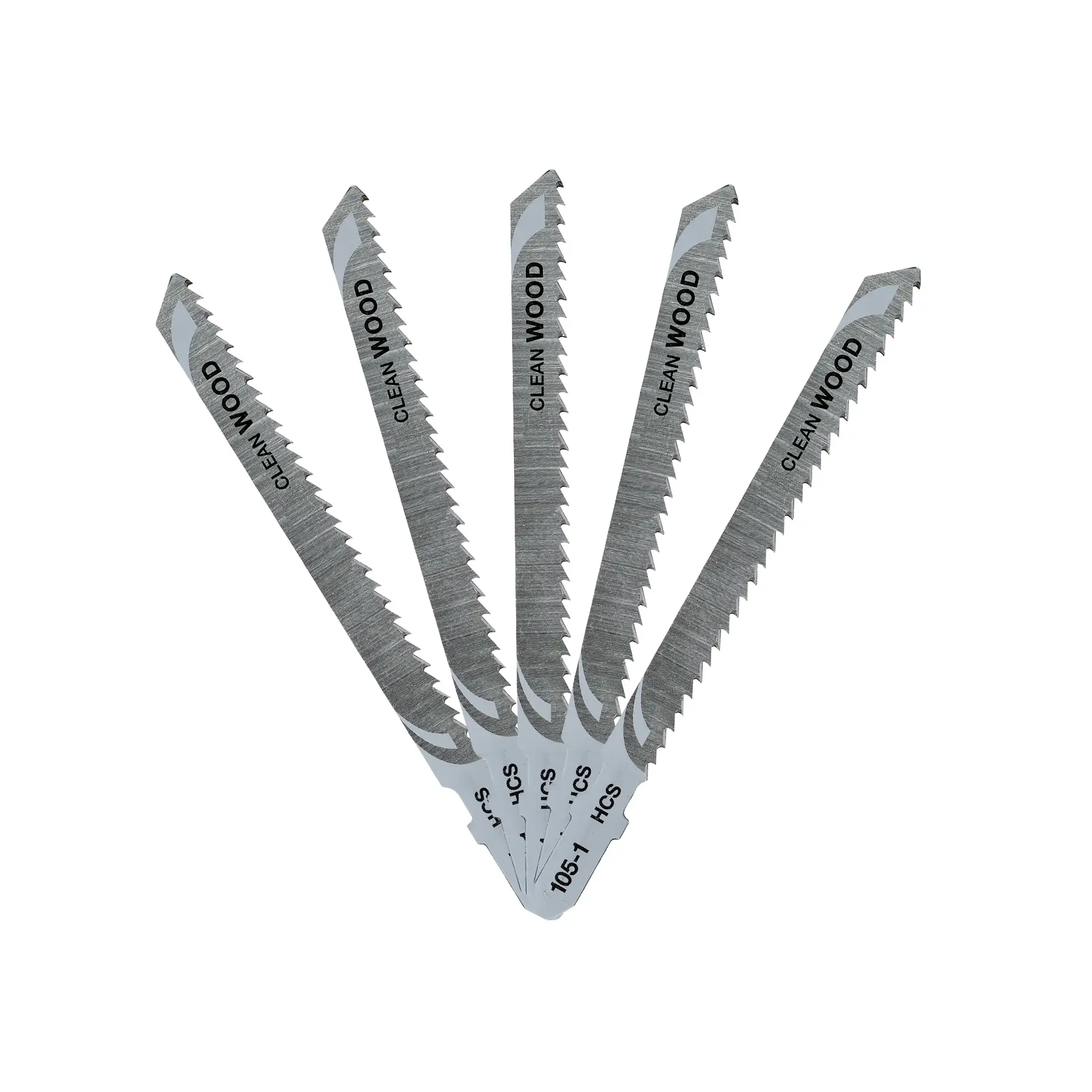 Five DEWALT jigsaw blades for clean wood cutting displayed in a fan shape, with sharp teeth and product markings visible.