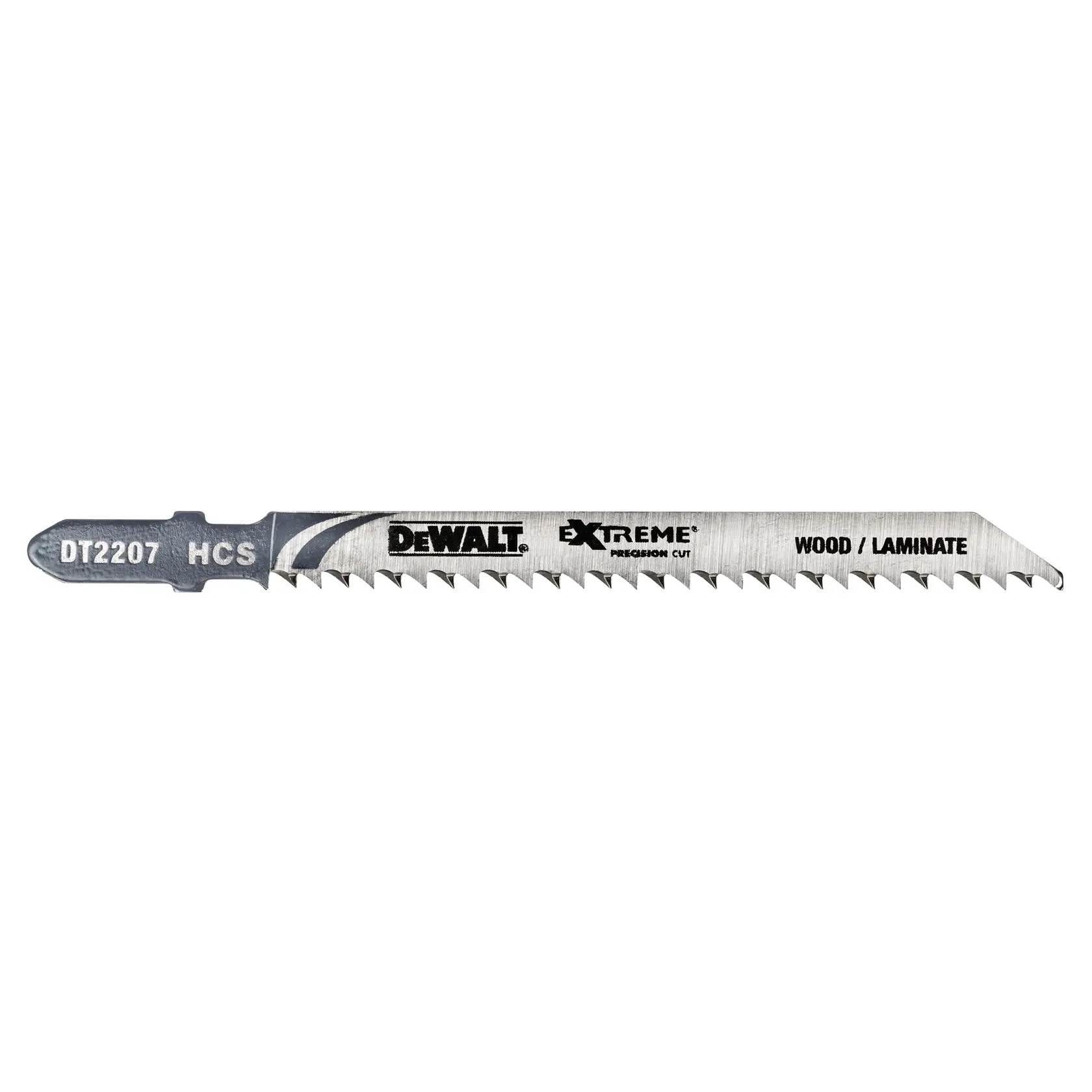 DEWALT DT2207 jigsaw blade for wood and laminate, labeled 'Extreme precision cut' and 'HCS', with a toothed edge and silver finish.