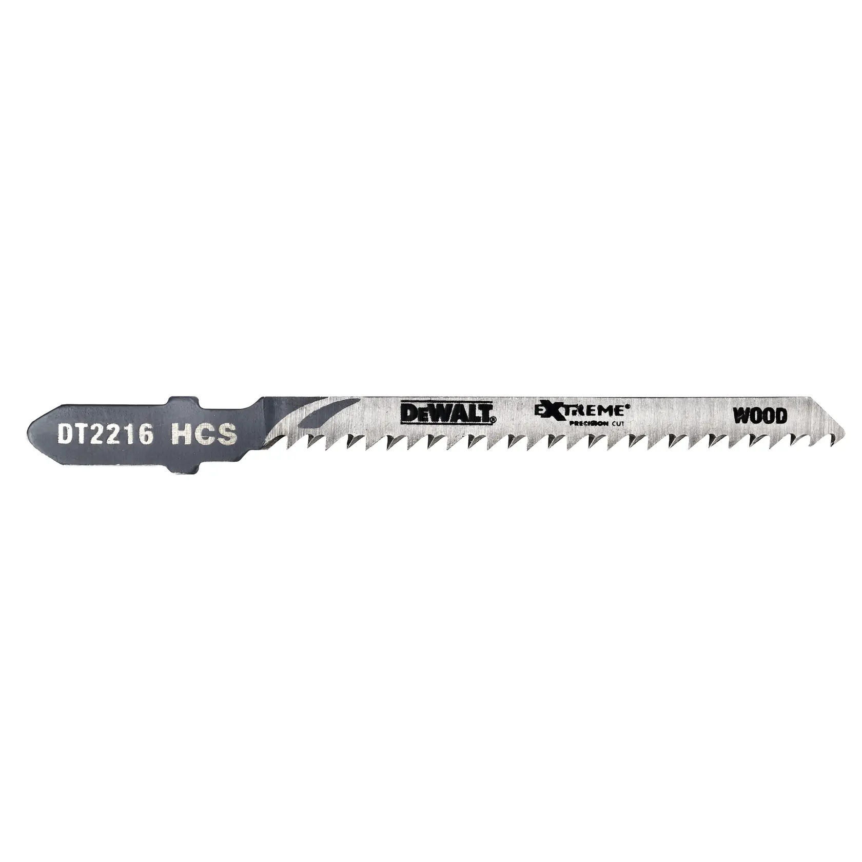 DEWALT DT2216 HCS Stichsägeblatt für Holz, silber mit schwarzer Text, präzise Zahnung.