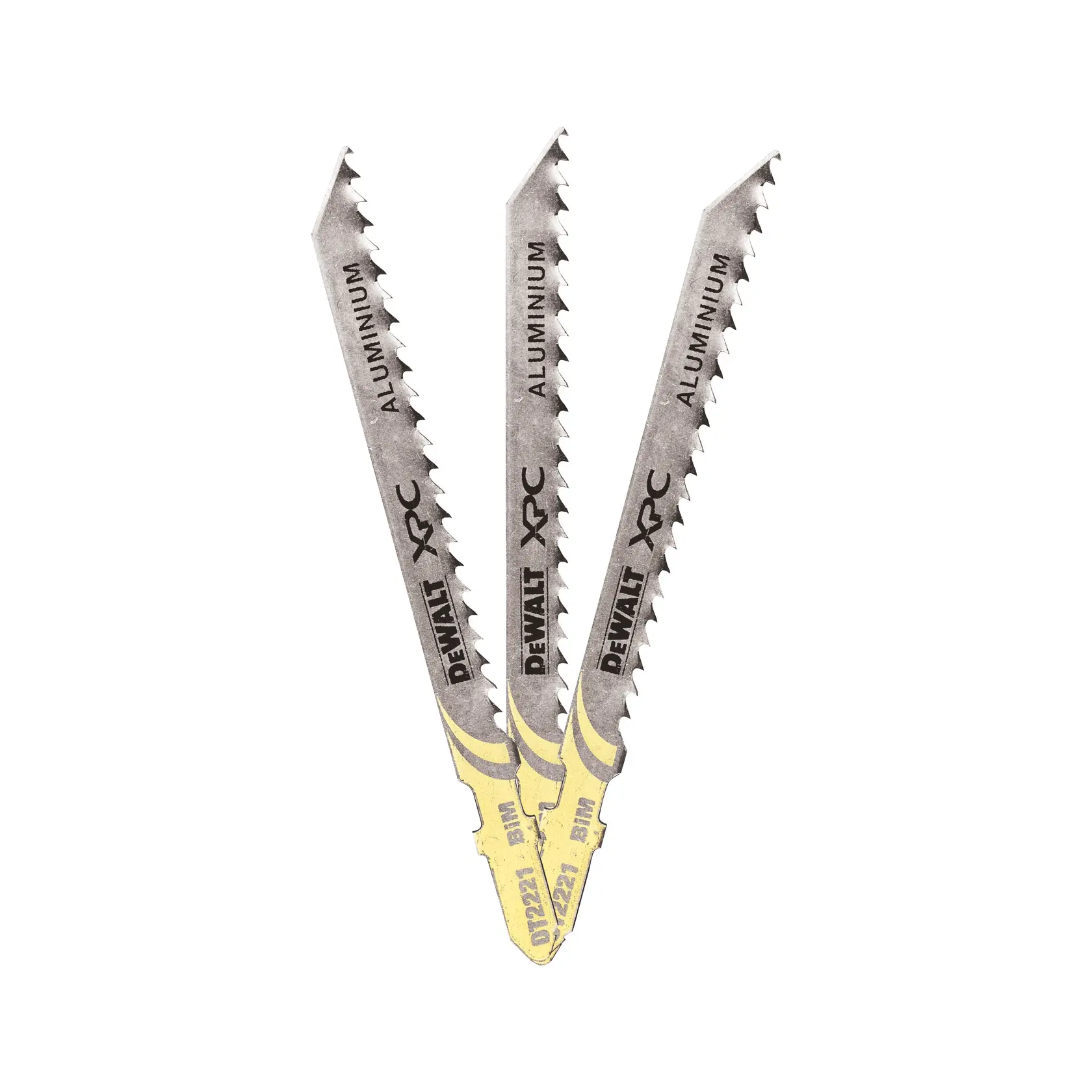 Three DEWALT XPC jigsaw blades for aluminium, SKU DT2221, arranged in a fan shape on a white background.