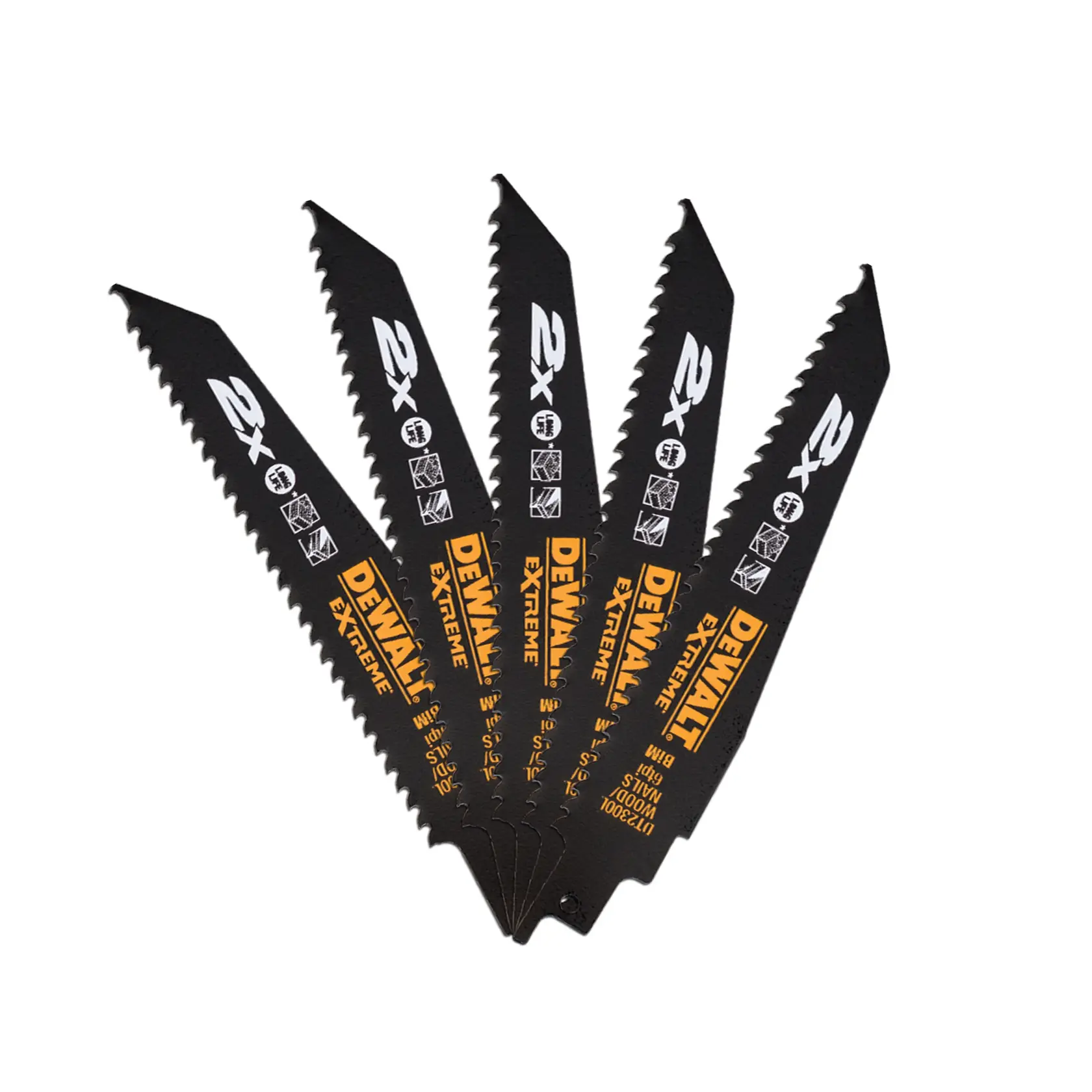 A set of five DEWALT Extreme black reciprocating saw blades with sharp teeth, fanned out. The blades feature bold white and yellow branding and are suitable for cutting wood and nails.