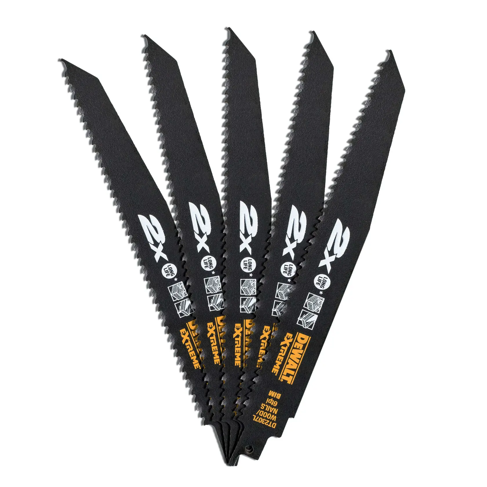 Five black DEWALT reciprocating saw blades arranged in a fan shape, each blade featuring sharp teeth and branded labeling for extreme cutting performance.