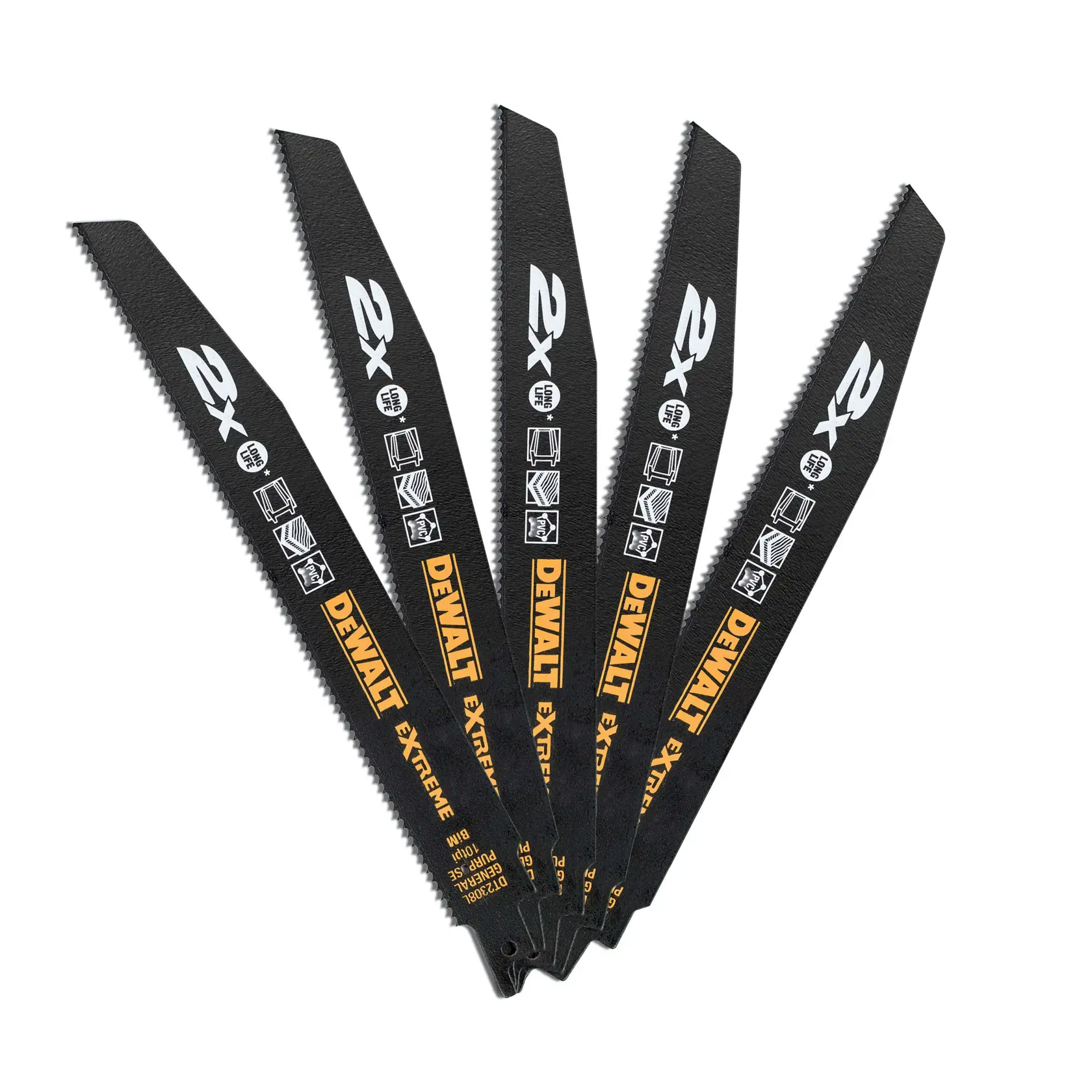 A set of five DEWALT DT2308L black reciprocating saw blades arranged in a fan shape. The blades display yellow DEWALT branding and various icons indicating their compatibility with materials like wood and metal.