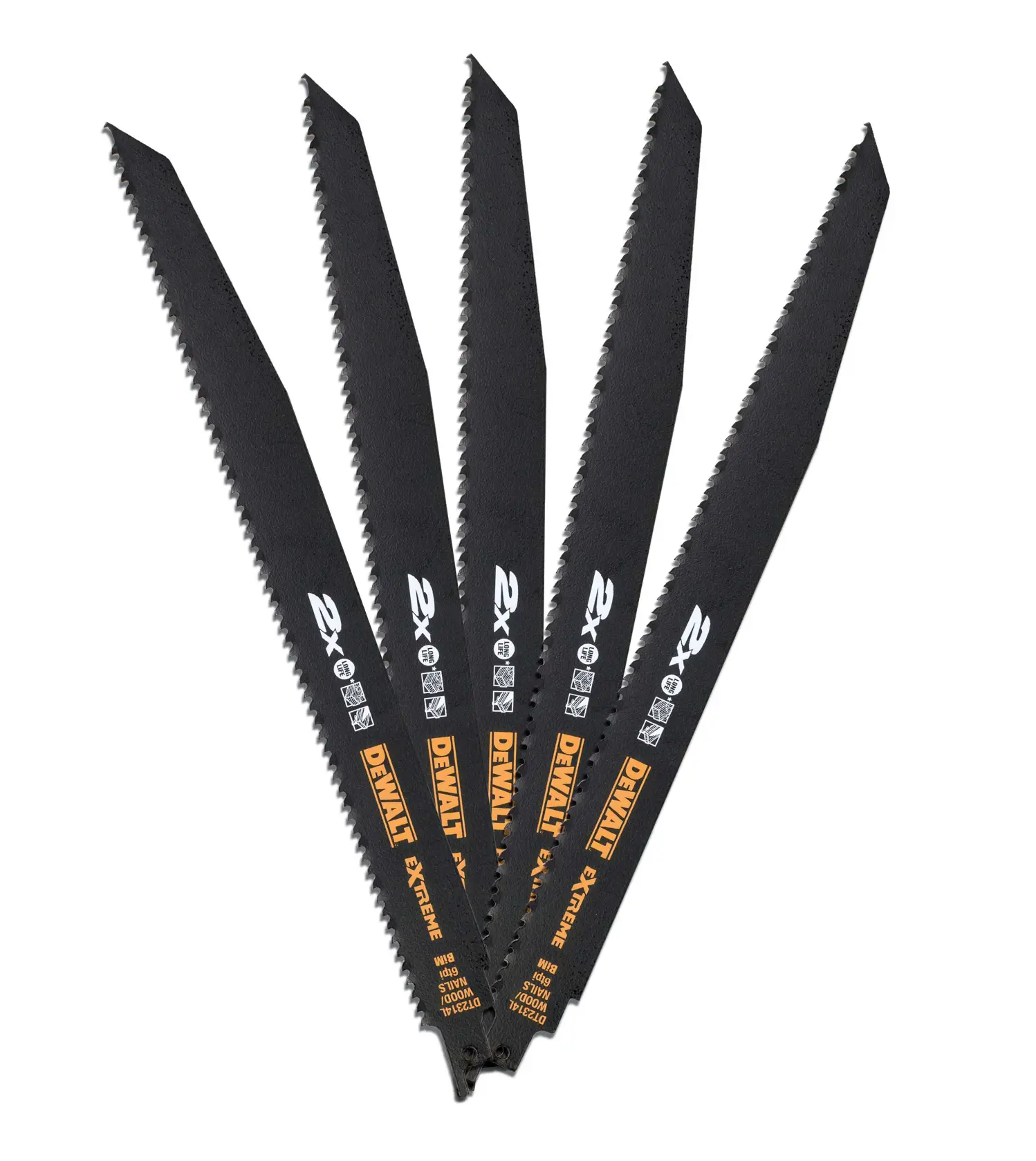 Five black DEWALT reciprocating saw blades with serrated edges, fanned out against a white background. The blades feature printed branding and specifications in yellow and white.