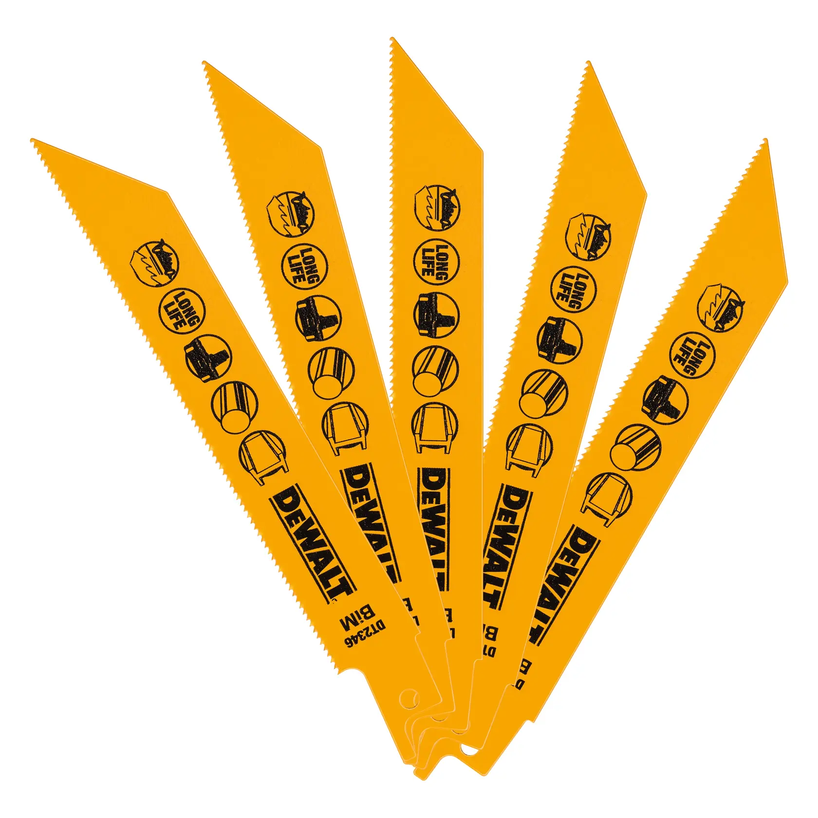 A set of five yellow DEWALT reciprocating saw blades, fanned out in a semicircle. Each blade features black printed icons and text, including the DEWALT logo and information about blade life and material compatibility.