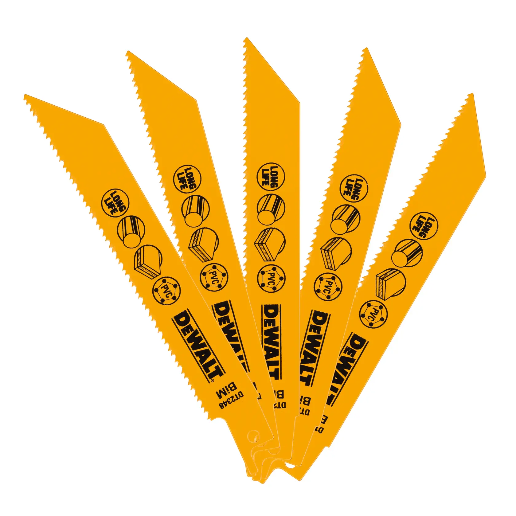 A set of five yellow DEWALT reciprocating saw blades arranged in a fan shape. Each blade displays icons for wood, plastic, and long life, and features the DEWALT logo and the product code DT2348.