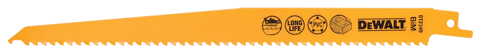 A yellow DEWALT reciprocating saw blade with sharp teeth, labeled DT2349. The blade features printed icons and text indicating long life and suitability for cutting PVC and wood.
