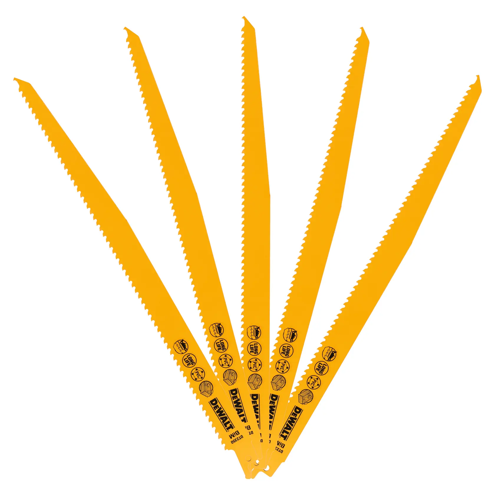 Five yellow DEWALT reciprocating saw blades arranged in a fan shape. Each blade has printed icons and the DEWALT logo near the base, with sharp serrated edges designed for cutting.