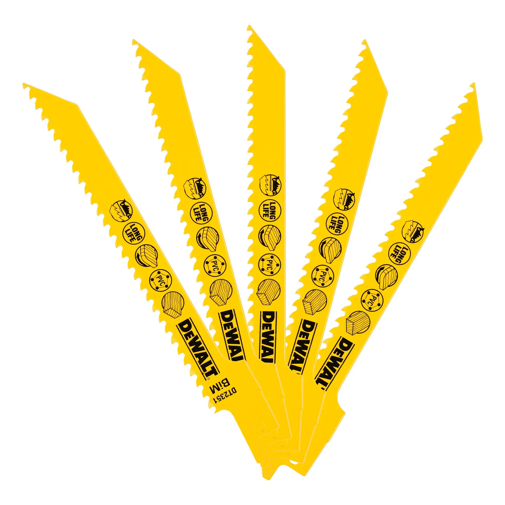 Five yellow DEWALT reciprocating saw blades, model DT2351, displayed fanned out, each showing product information and usage icons printed in black.