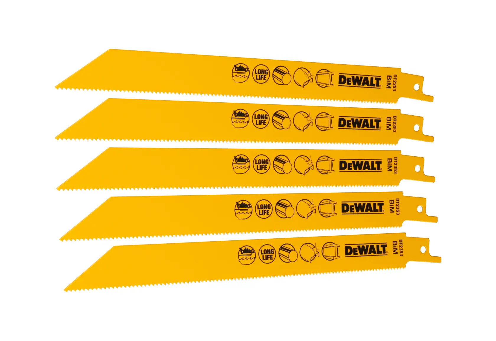 Five yellow DEWALT reciprocating saw blades arranged in a stack, showing product branding and usage icons printed on each blade.