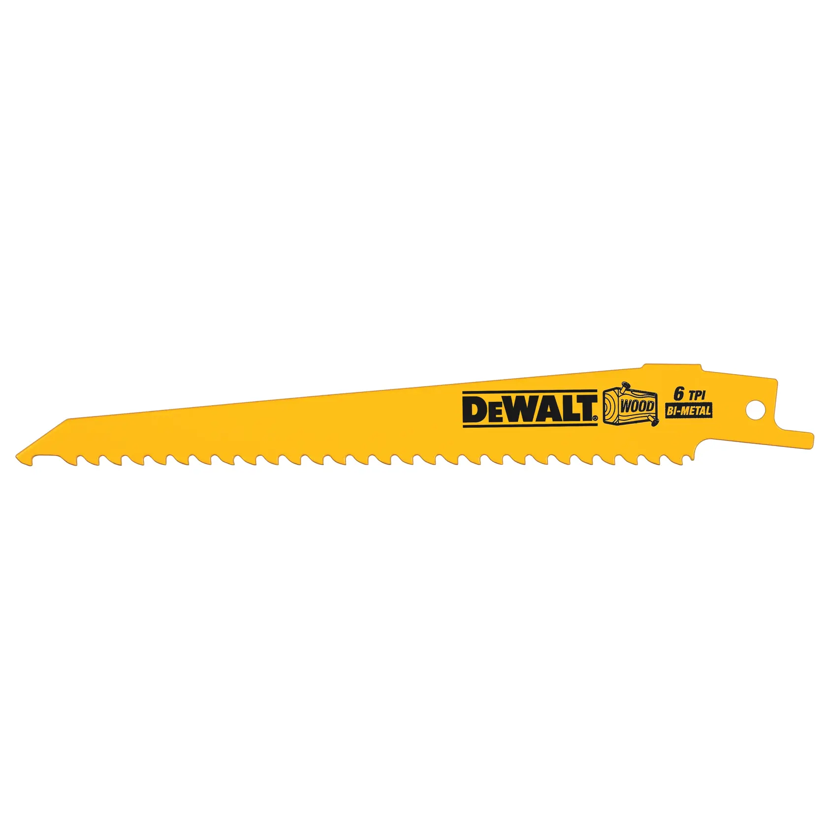 Una hoja de sierra reciprocante DEWALT amarilla bi-metálica para cortar madera con 6 dientes por pulgada (TPI).