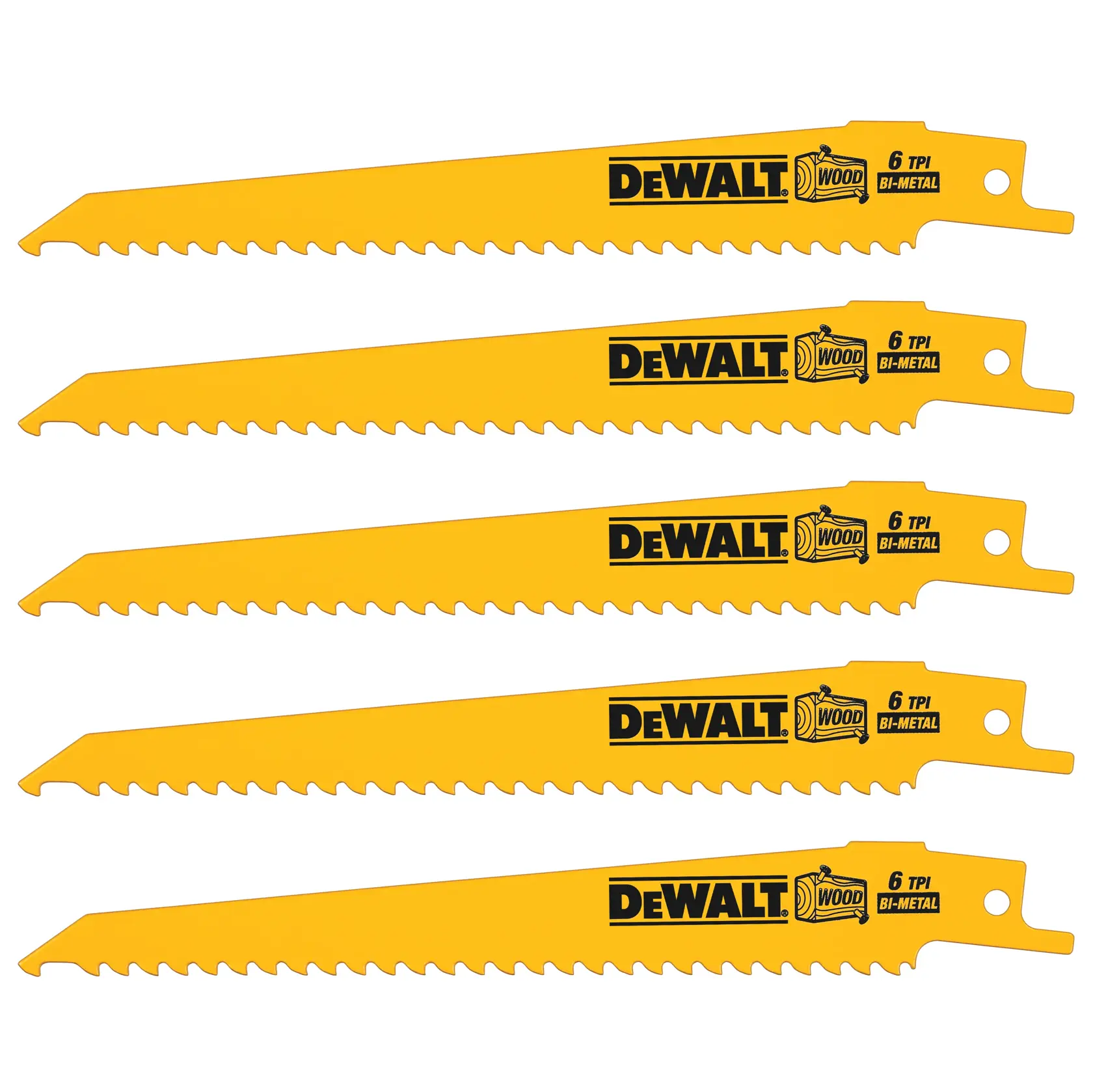 Cinco hojas amarillas DEWALT bi-metálicas para madera, cada una con indicación de 6 TPI.