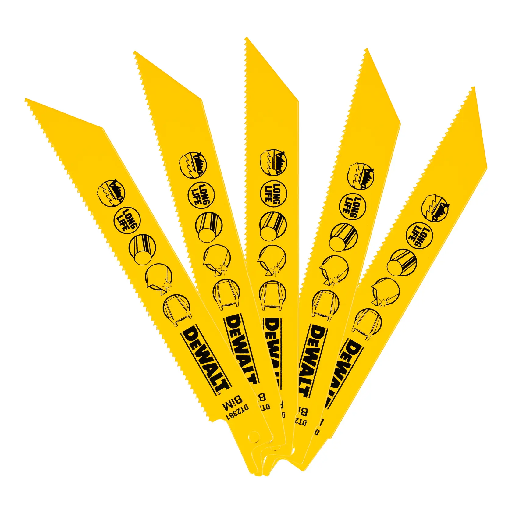 Cinco hojas amarillas DEWALT para serrucho recíproco con iconos y logo, dispuestas en abanico sobre fondo blanco.