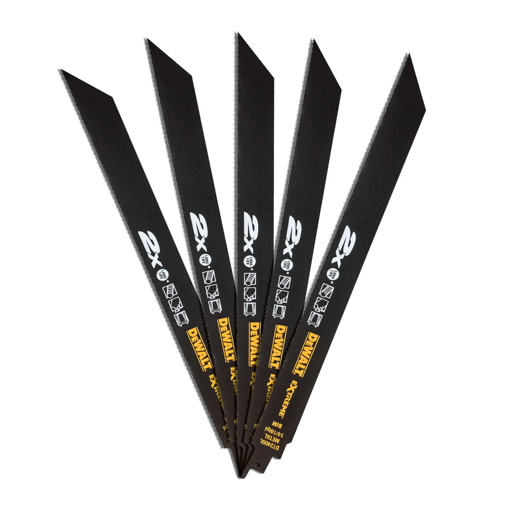 Five DEWALT reciprocating saw blades, black in color, fanned out. The blades feature printed text and icons indicating their use for cutting through various materials. The DEWALT logo and product information are visible in yellow and white on each blade.