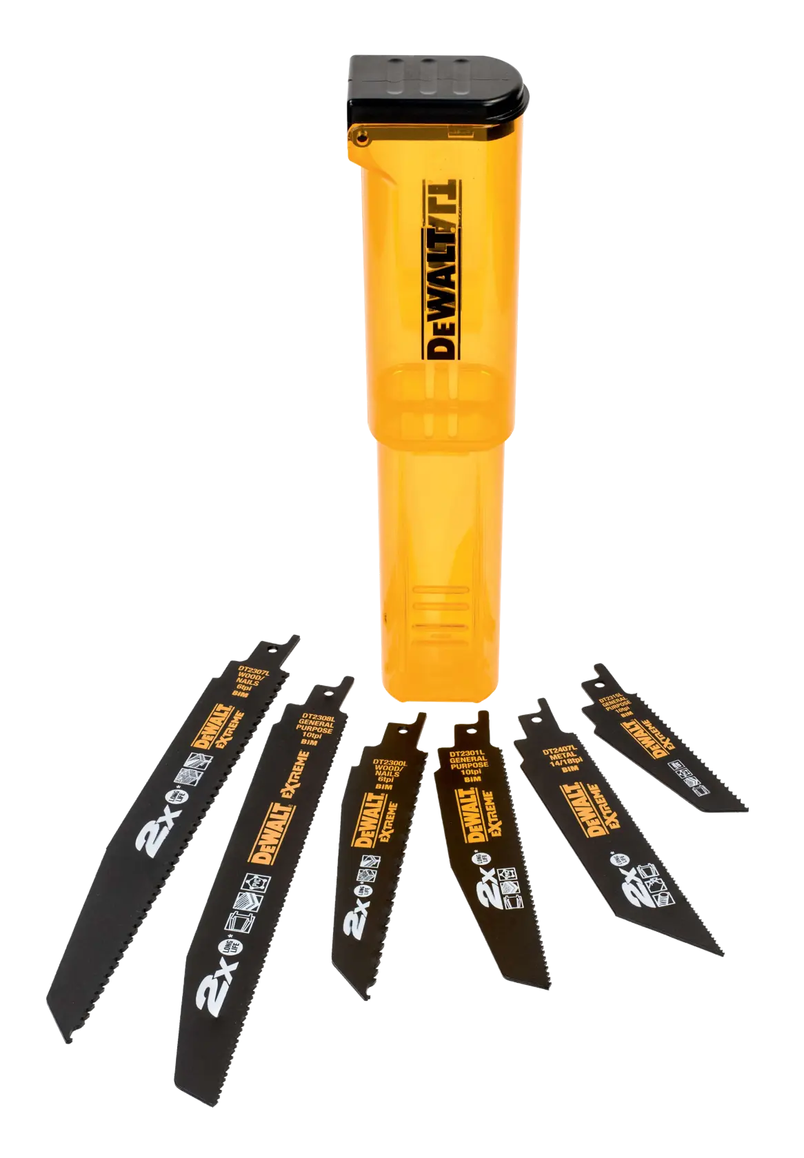 Juego de seis hojas de sierra recíproca negras DEWALT expuestas frente a un estuche de almacenamiento amarillo transparente DEWALT con tapa negra.