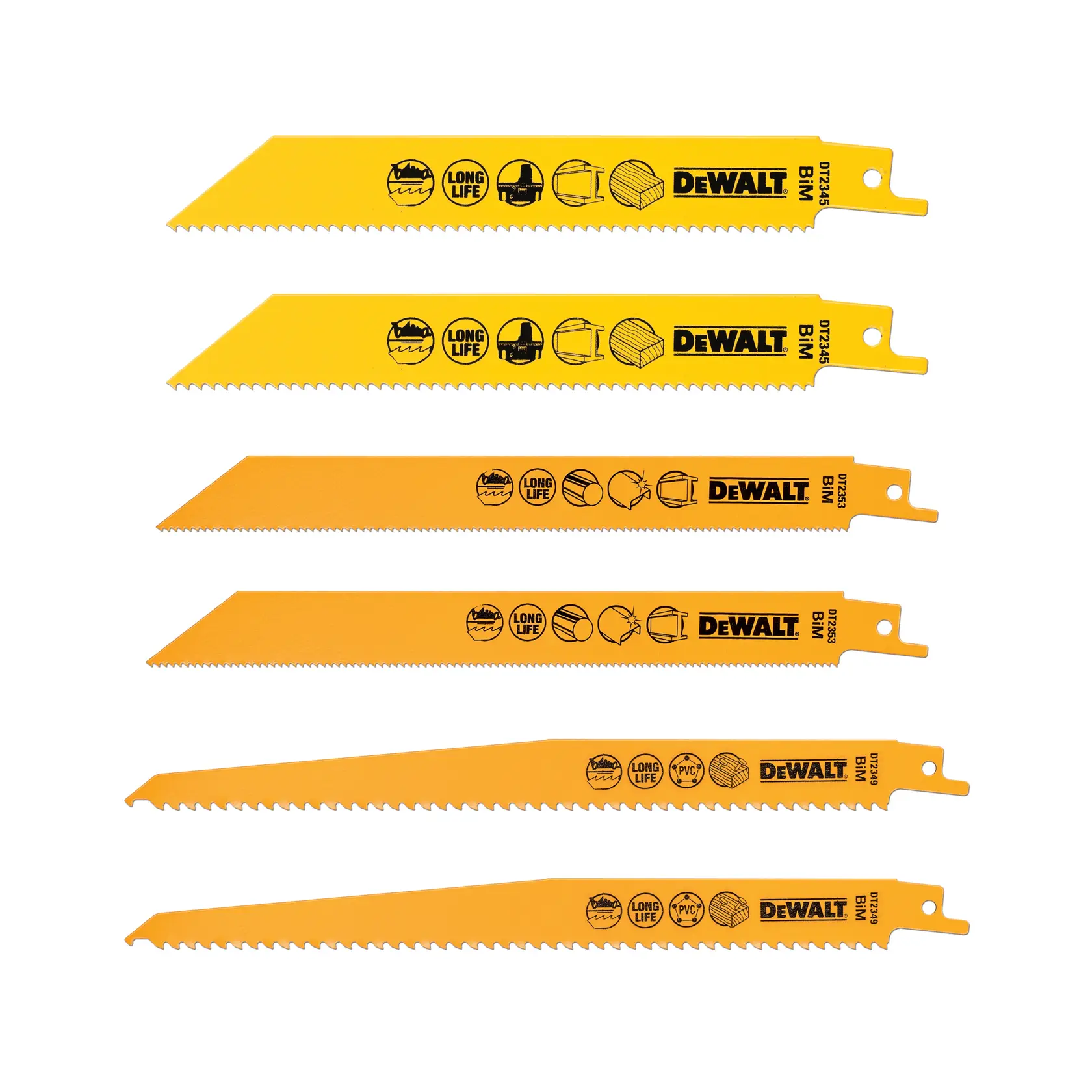 Set of six yellow DEWALT reciprocating saw blades, each with printed black icons and text indicating usage for wood, metal, and plastic materials. The blades are arranged horizontally in a row against a white background.
