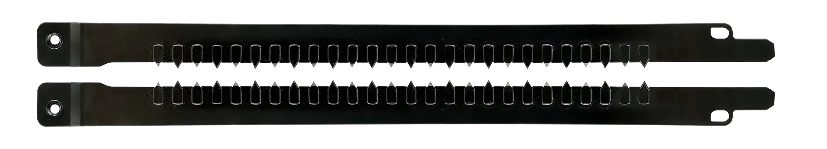 Dos hojas de sierra DEWALT de metal con agujeros de montaje y dientes, alineadas sobre fondo blanco.