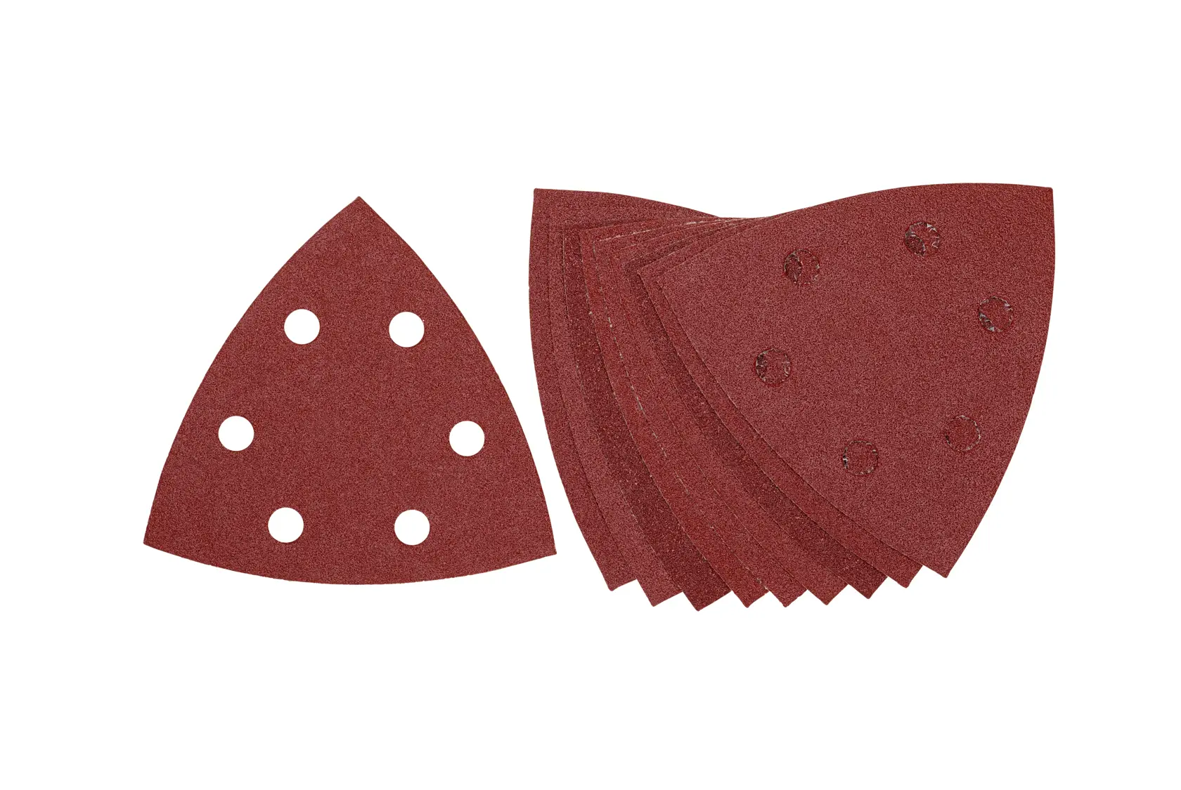 A set of triangular red sanding sheets with six holes each, arranged in a stack and one sheet displayed separately.