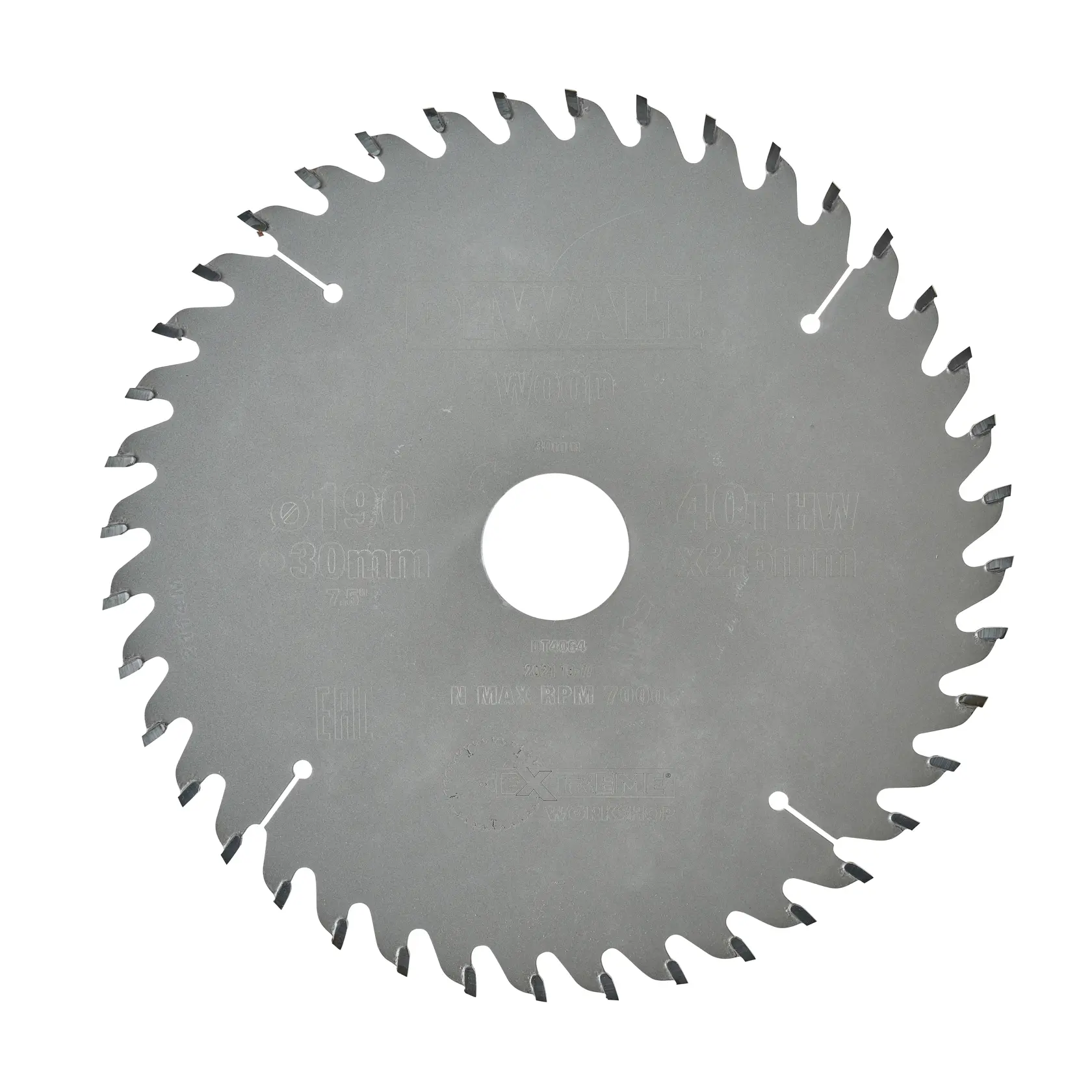A circular saw blade for woodworking with sharp teeth, made of metal. The blade has detailed engravings specifying its size and technical specifications.