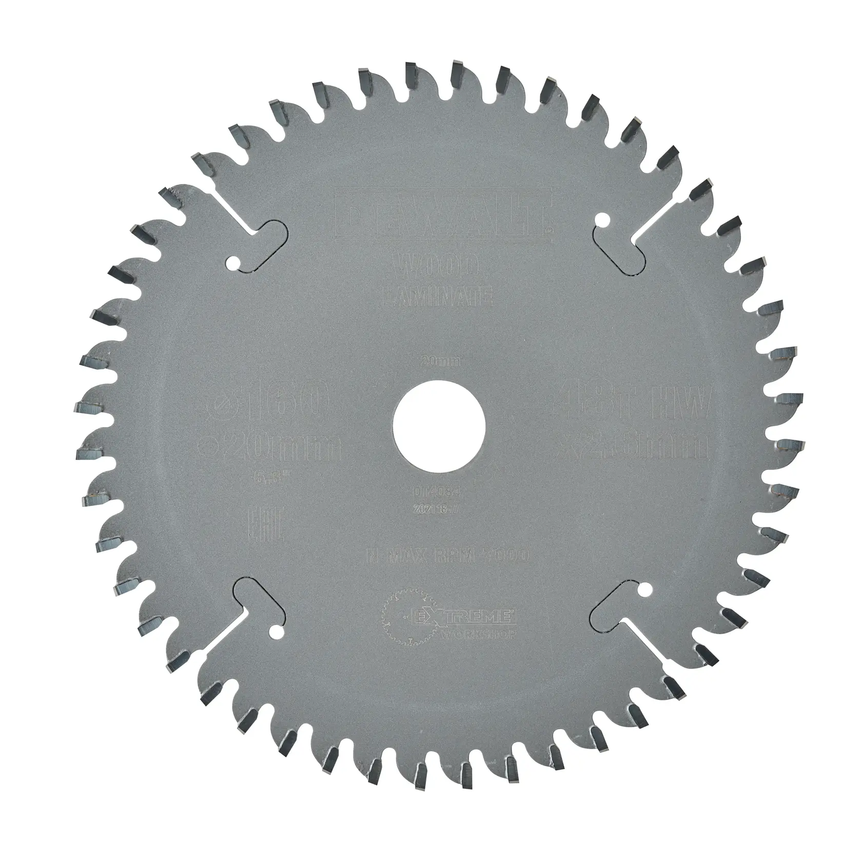 A circular saw blade with multiple sharp teeth, designed for wood and laminate cutting. The center hole is used for mounting onto a saw. The blade is branded DEWALT.