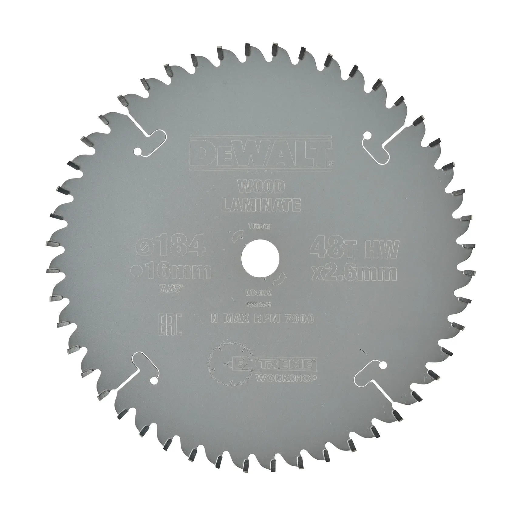 Circular saw blade for wood and laminate by DEWALT, model DT4092, featuring 48 teeth and a 184 mm diameter.