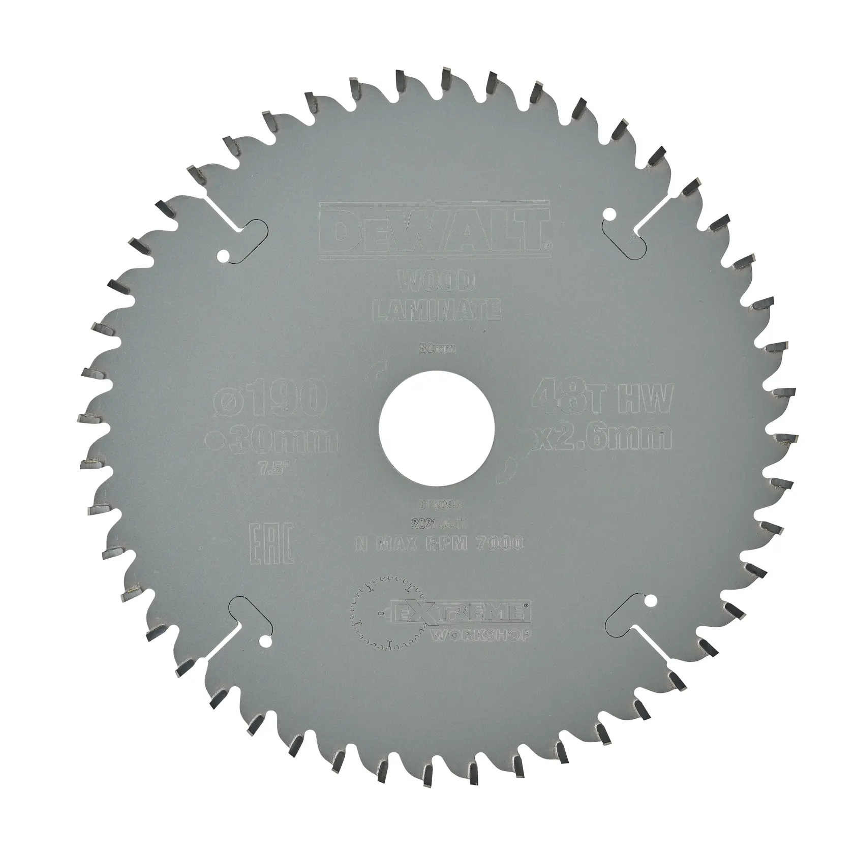 DEWALT DT4094 circular saw blade designed for wood and laminate, showing its metal body with sharp teeth and central mounting hole. Specifications and branding are engraved on the surface.
