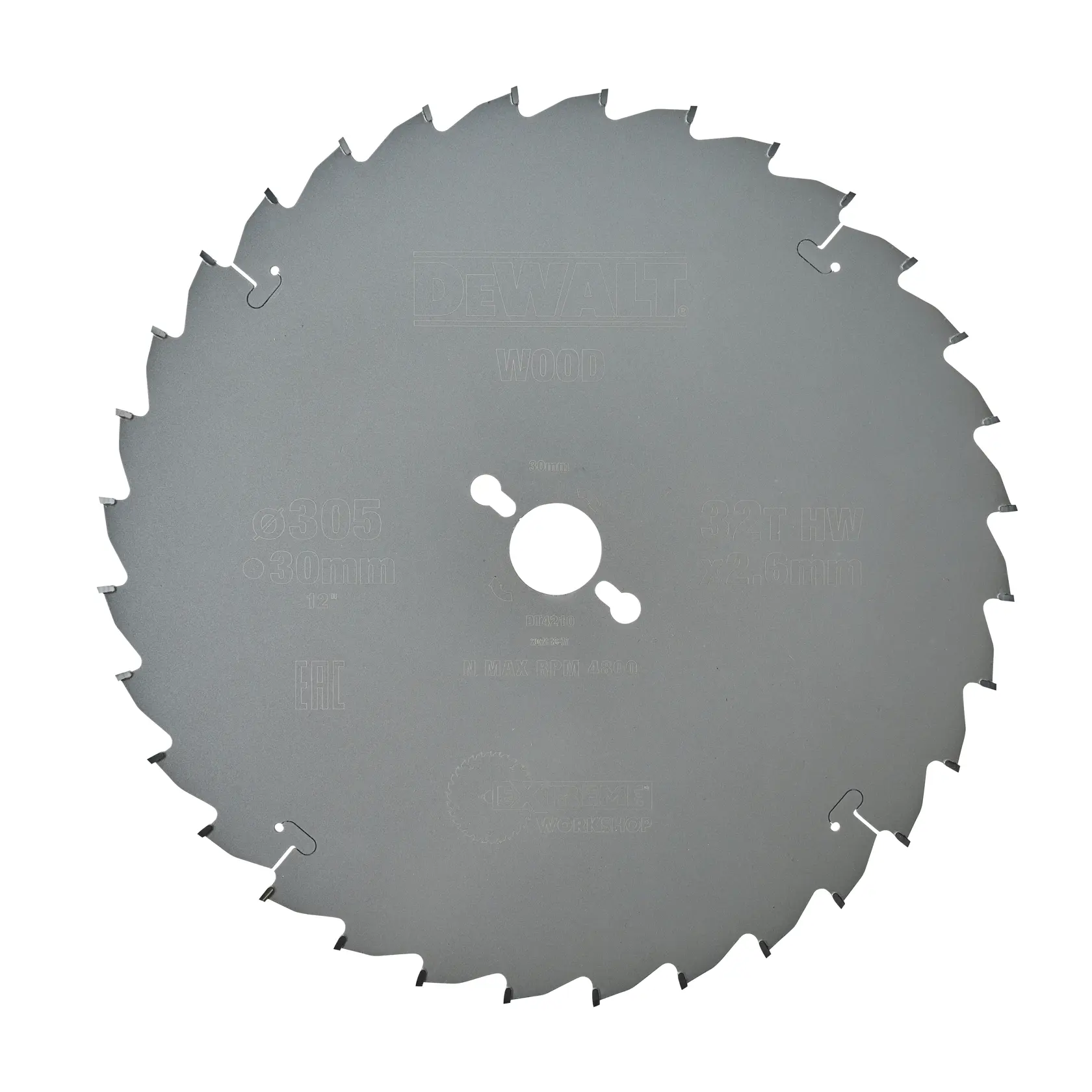 Ein kreisförmiges Sägeblatt für Holzbearbeitung von DEWALT, Modell DT4210, mit 305 mm Durchmesser, 30 mm Aufnahme und 32 Zähnen.