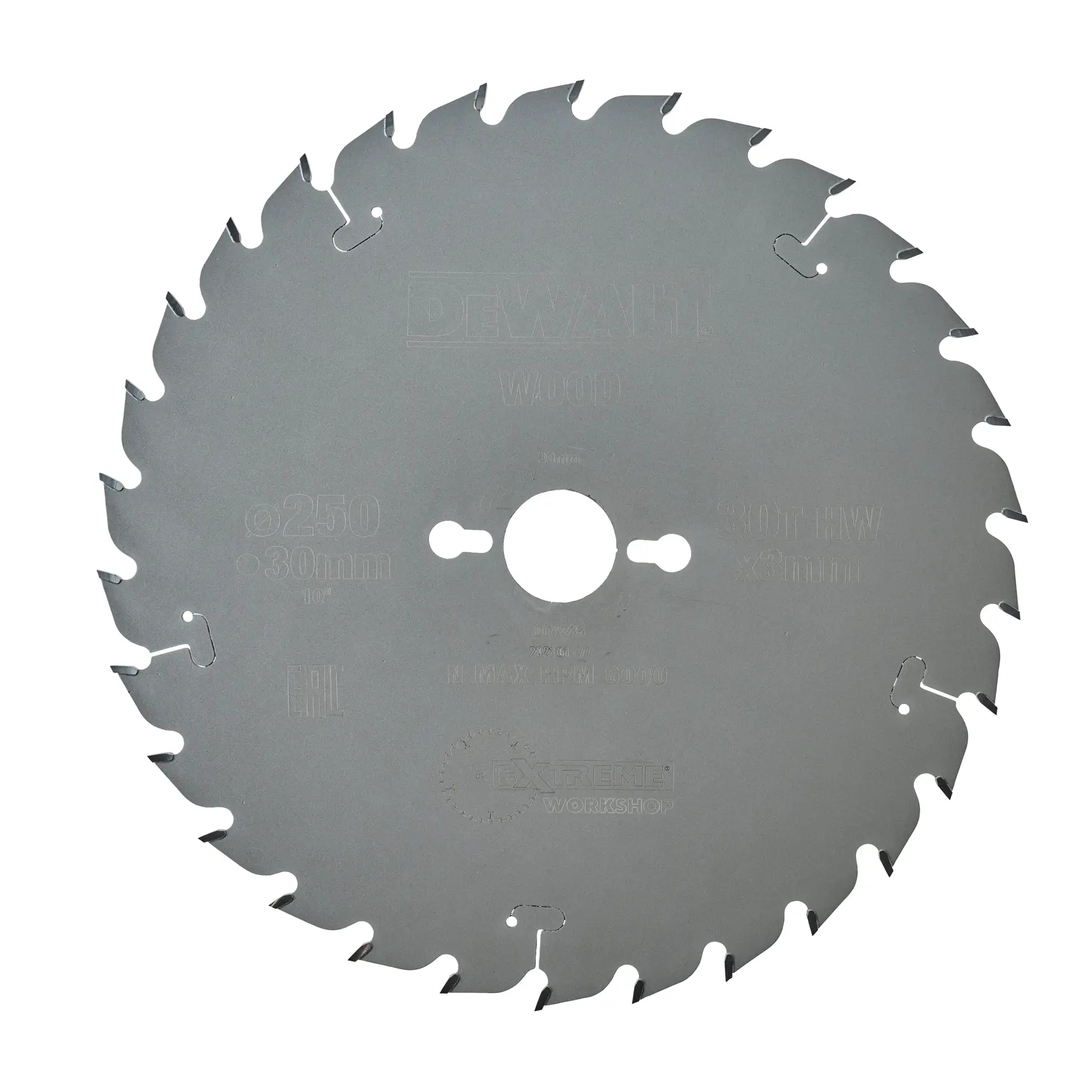 Hoja de sierra circular DEWALT DT4226 para madera, con dientes afilados y agujero central.