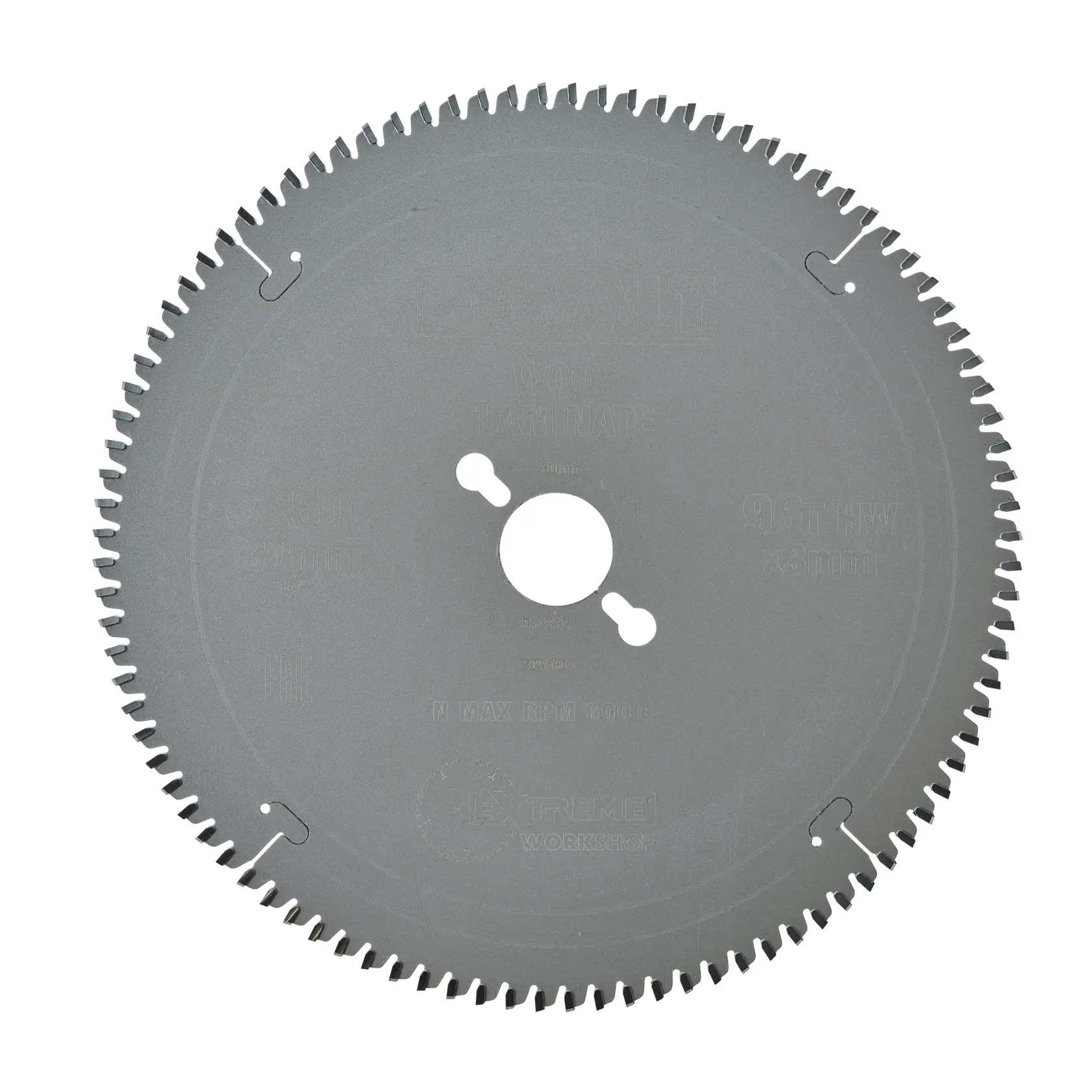 DEWALT DT4282 circular saw blade with multiple teeth, designed for woodworking and laminate, shown against a white background.