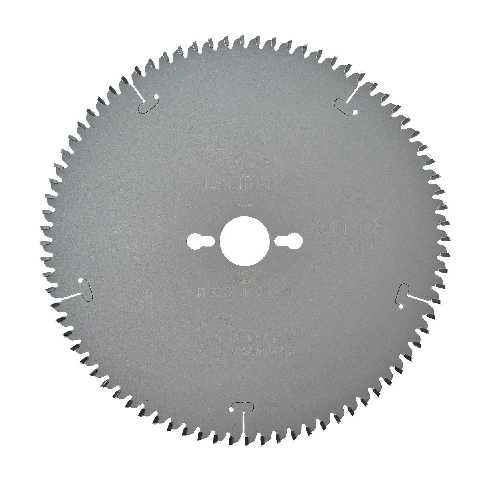 A circular saw blade with numerous fine teeth and a central mounting hole, suitable for wood or laminate cutting.