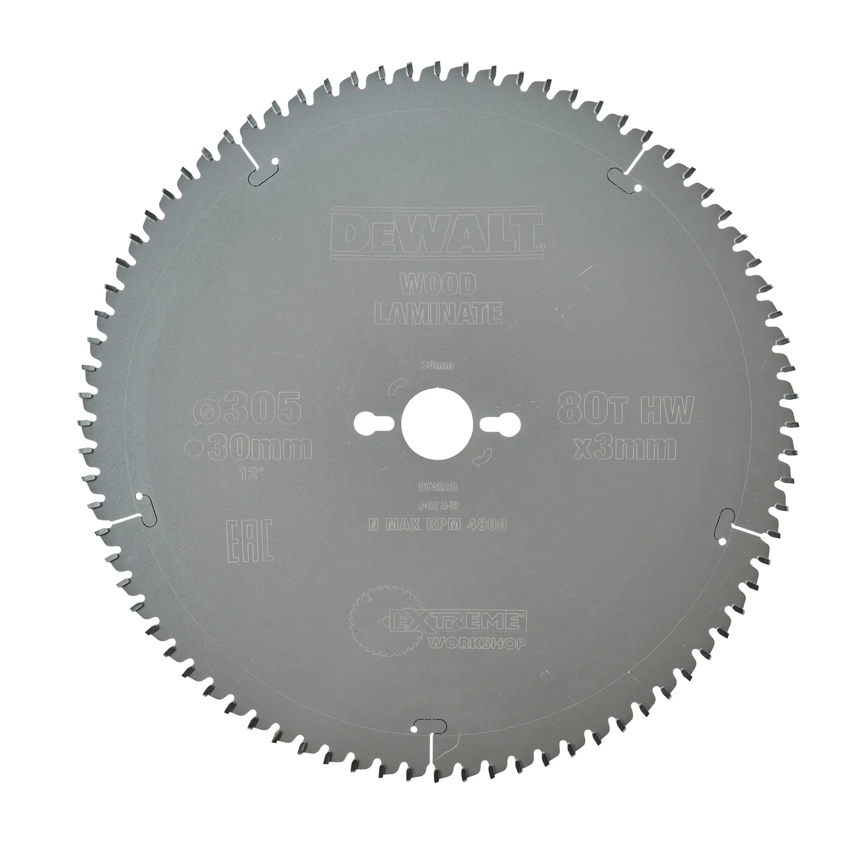 DEWALT DT4288 circular saw blade for wood and laminate, with 80 teeth and a diameter of 305mm. The blade is made of metal and designed for cutting applications in workshops.
